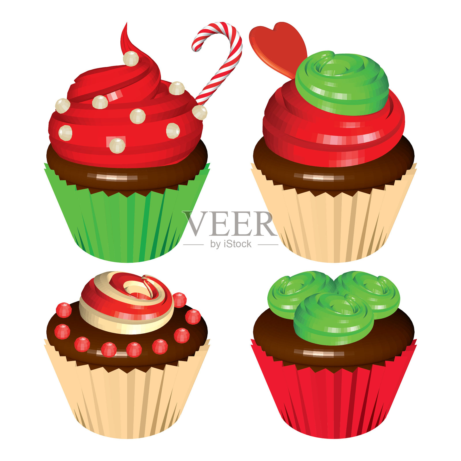 白面包上有薄荷草莓和奶油糖霜的纸杯蛋糕插画图片素材