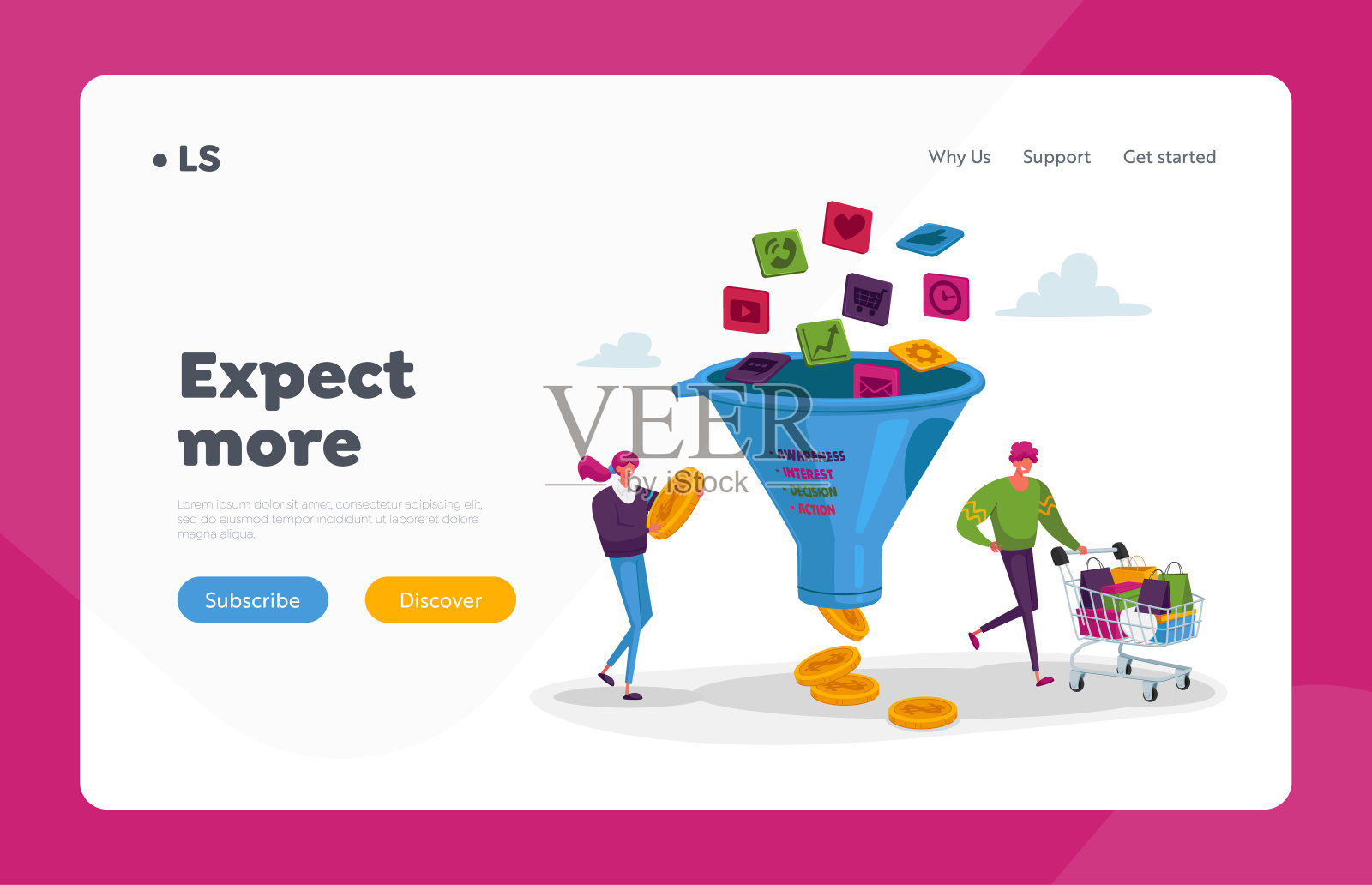 转化率优化登陆页面模板。在巨大的销售漏斗中带有购物车和金钱的小角色插画图片素材