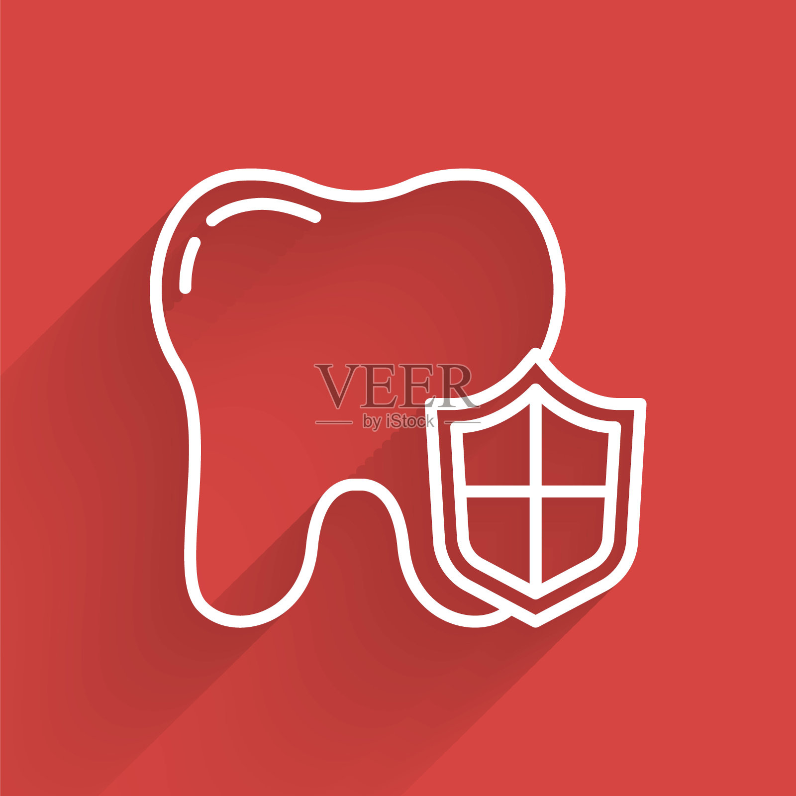 白线牙科保护图标与长阴影隔离。盾徽上的牙齿。向量插画图片素材