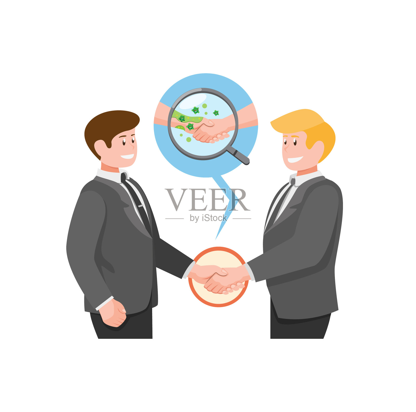 在握手的放大镜上检测到病毒插画图片素材