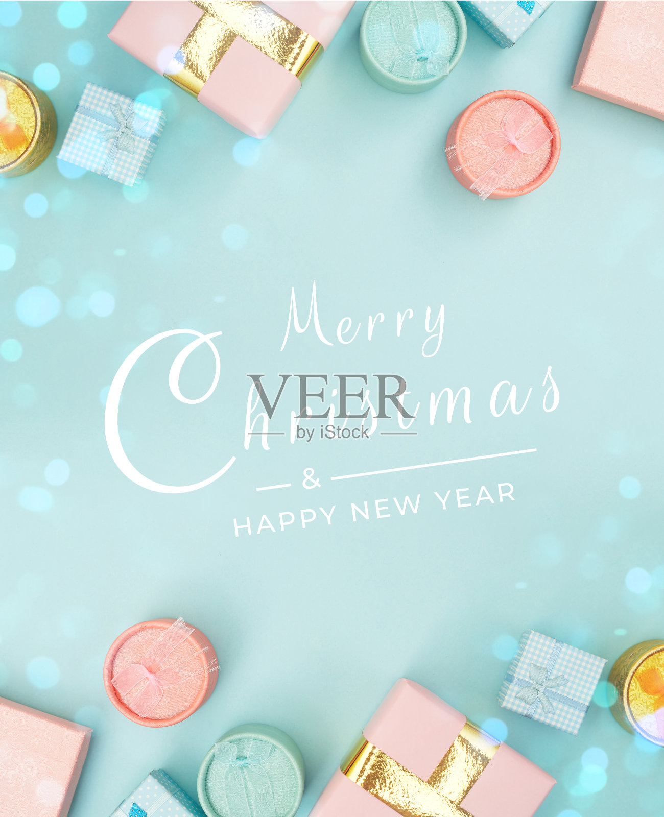 圣诞节组合：粉蓝色背景上的礼物照片摄影图片