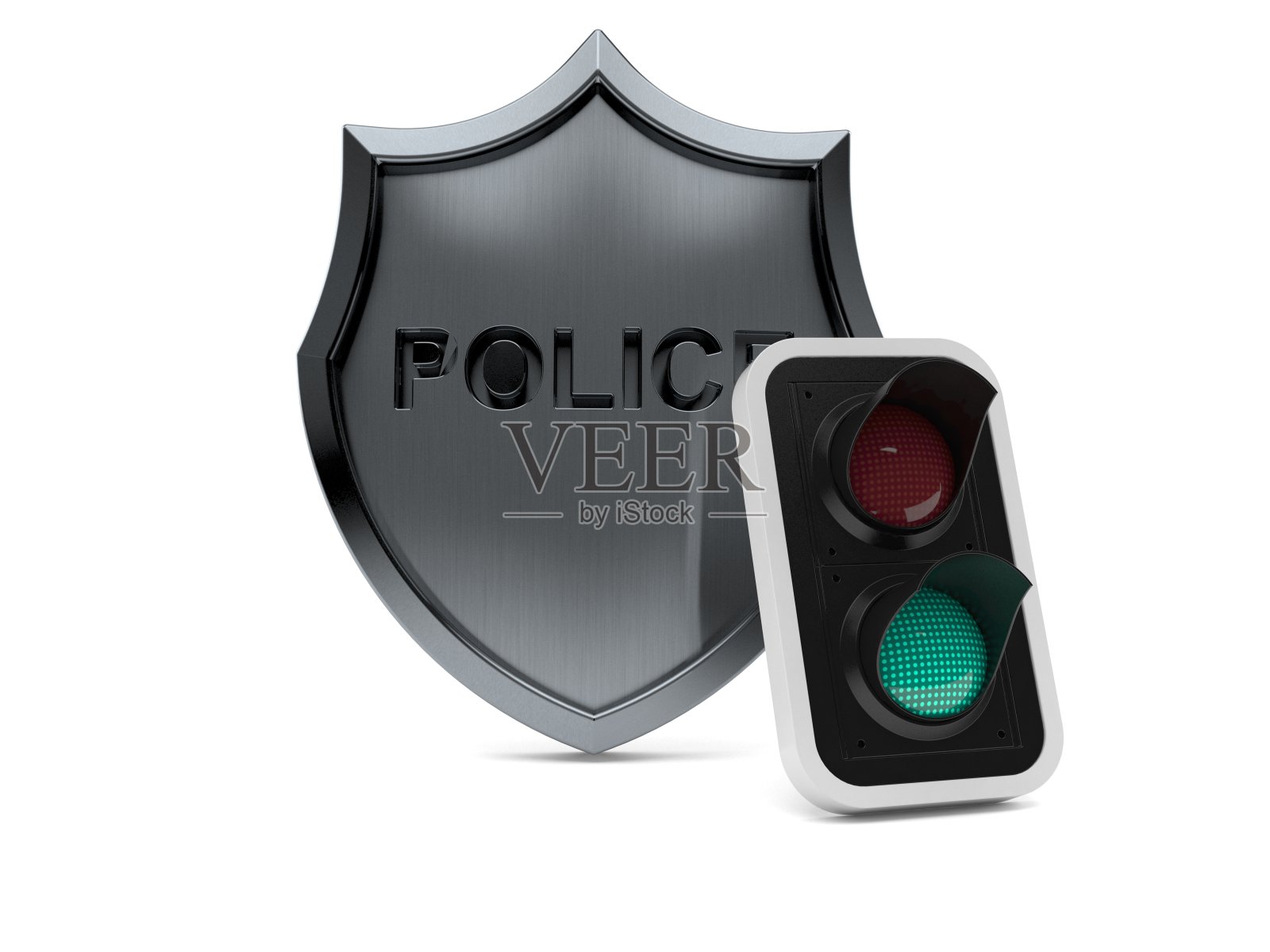 警察徽章和绿色交通灯照片摄影图片