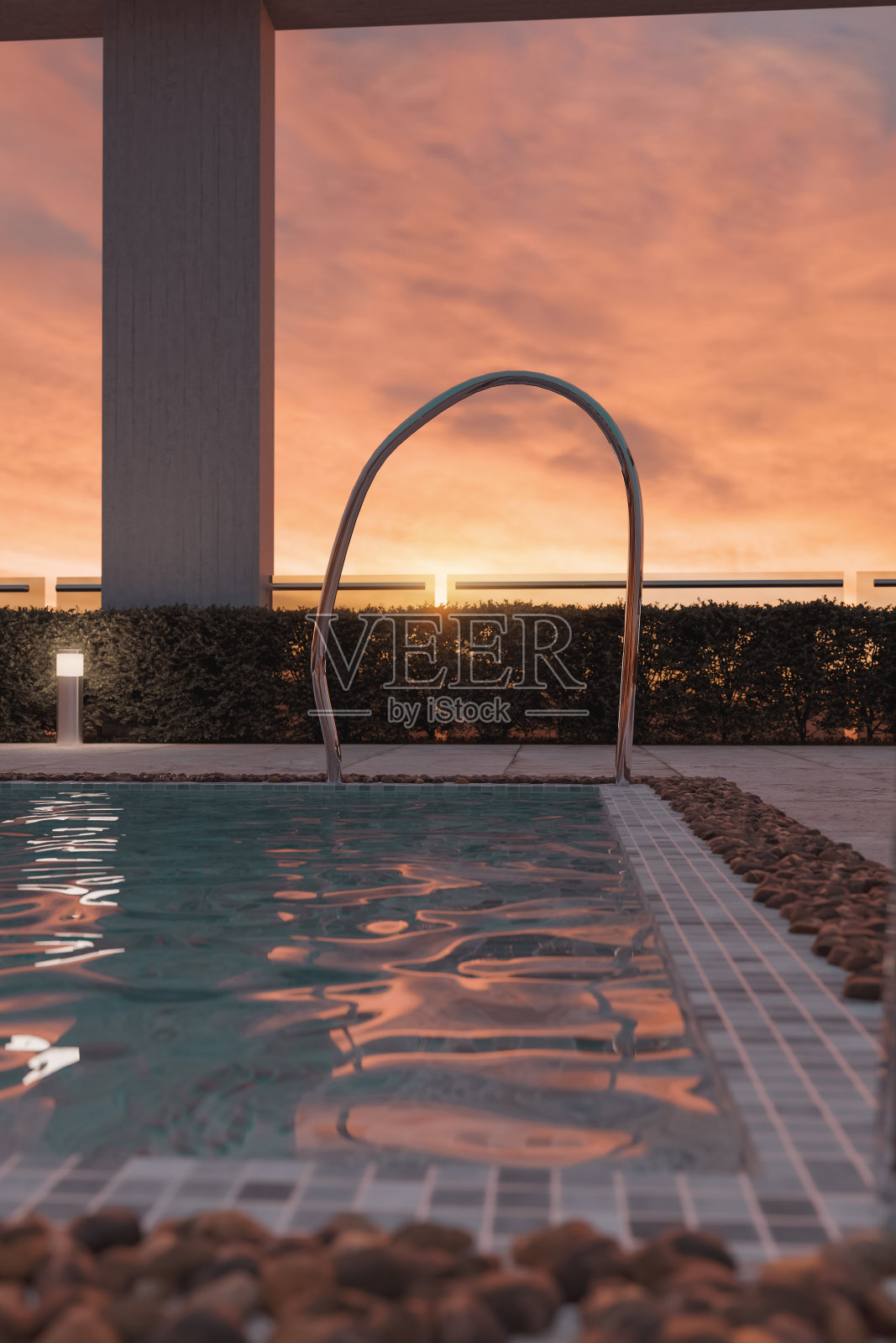 3d渲染现代游泳池在傍晚的阳光照片摄影图片