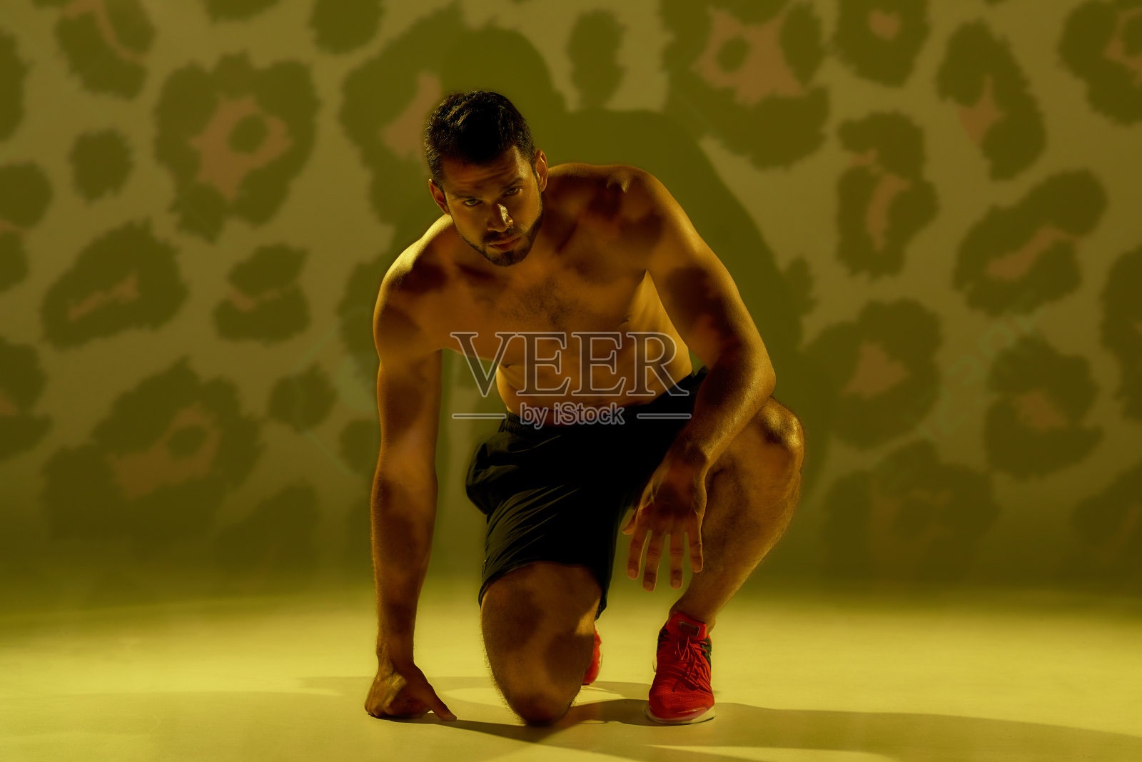 你所需要的就是跑。年轻的肌肉发达的白人男子站在开始的位置，看着相机，准备跑孤立的黄色猎豹背景照片摄影图片