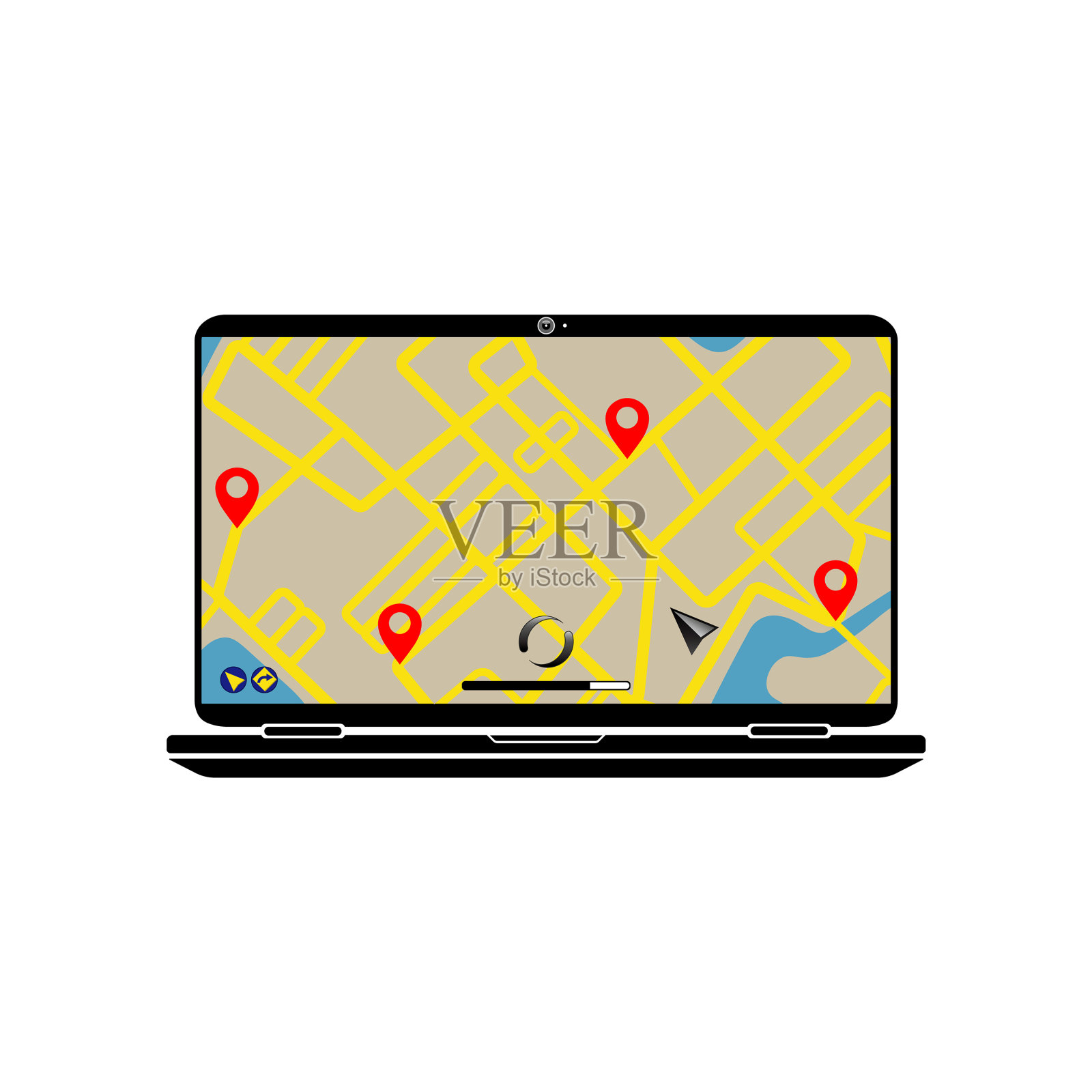 笔记本电脑与GPS导航概念与城市地图插画图片素材