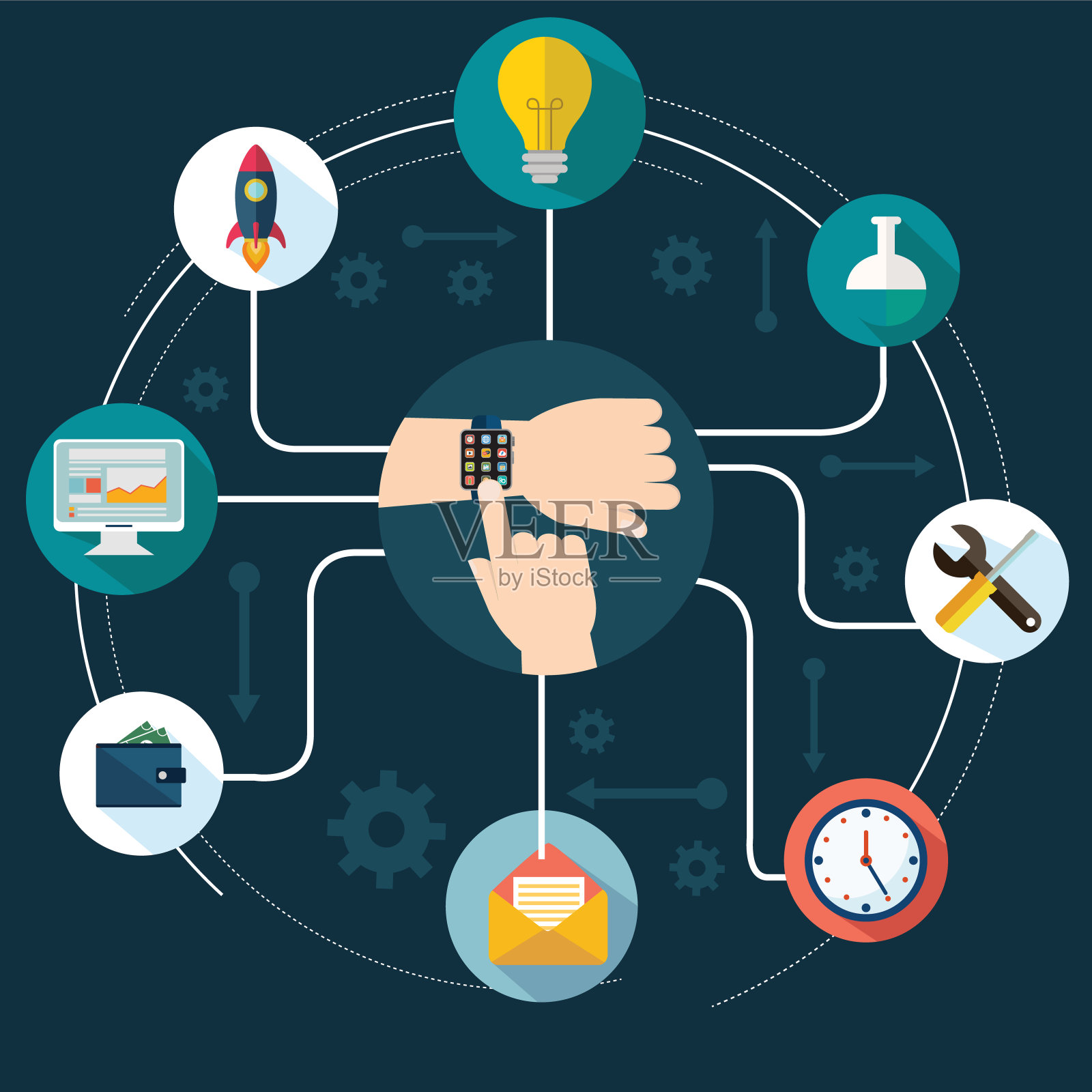 智能手表技术概念与手和图标。矢量插图在平面风格插画图片素材