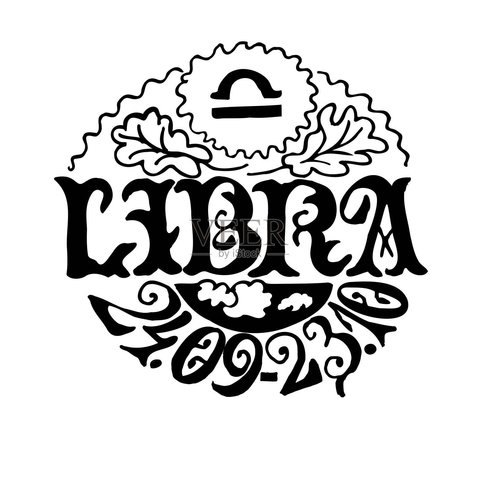 绘制的黑色和白色矢量插图的黄道星座天秤座。装饰艺术的风格。圆形的构图用花卉元素装饰。一份手写的名字。天文数字的日期。插画图片素材