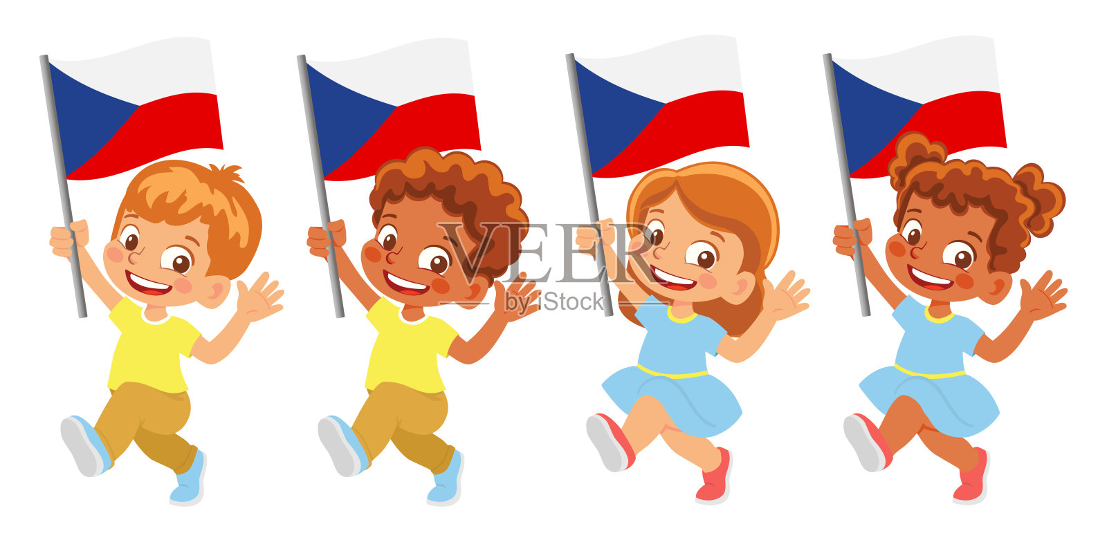 手持捷克共和国国旗的儿童插画图片素材
