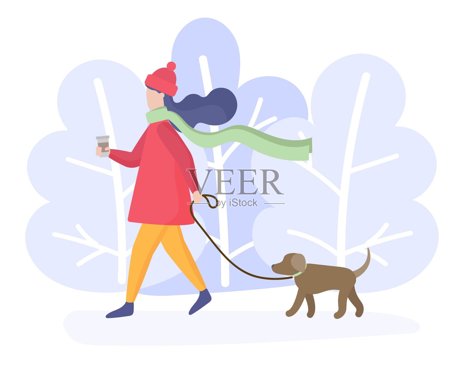 女孩在公园遛狗插画图片素材