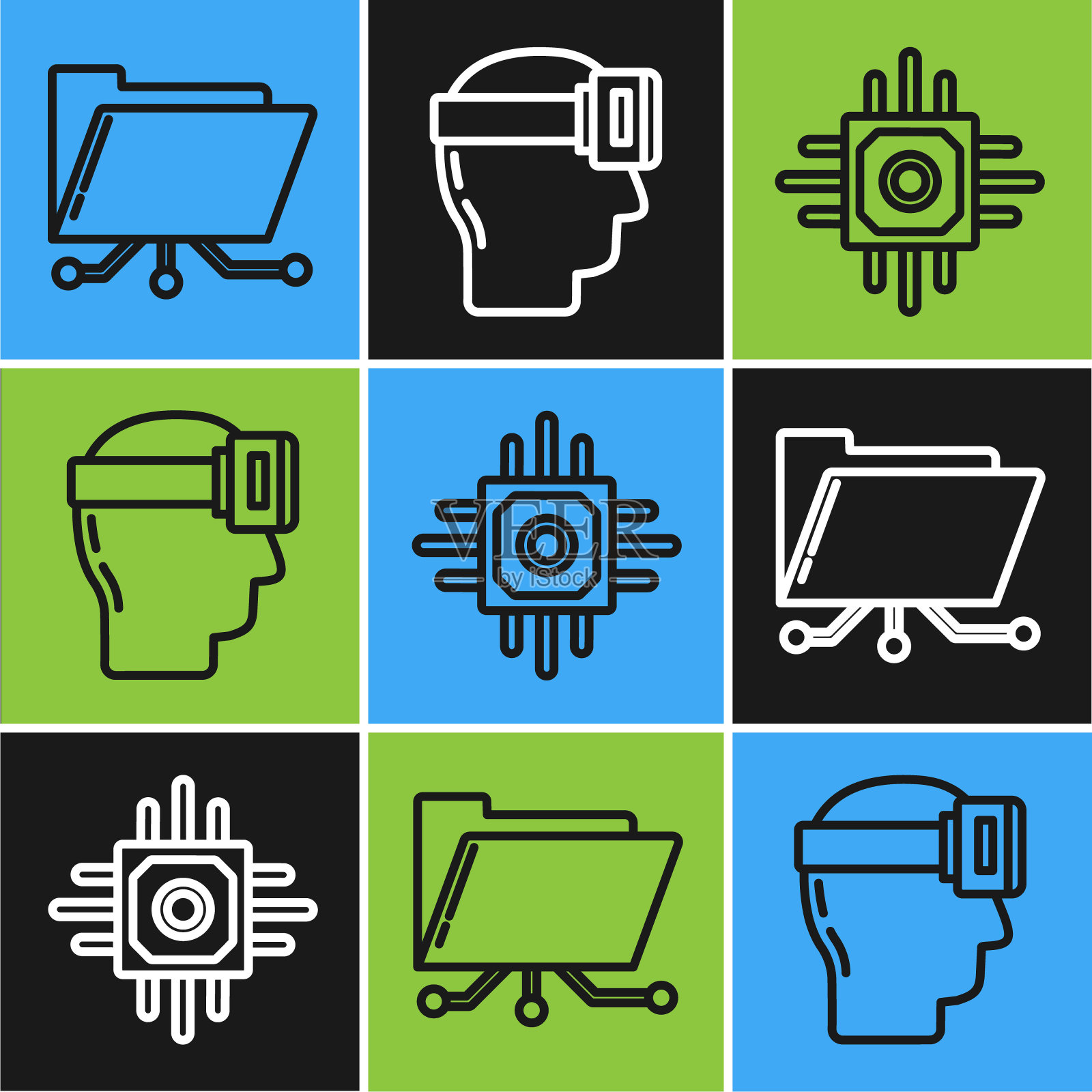 设置行文件夹和锁定，处理器和虚拟现实眼镜图标。向量插画图片素材