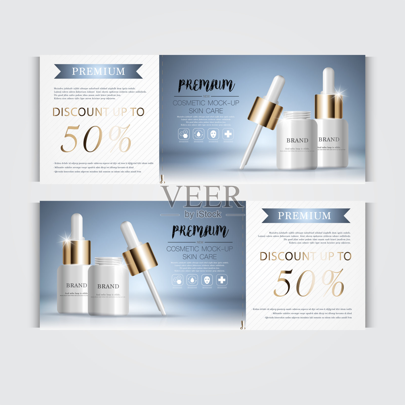 每年或节日特卖补水精华液礼券。银和金血清面膜瓶隔离在亮片颗粒背景上。横幅优雅的化妆品广告。设计模板素材