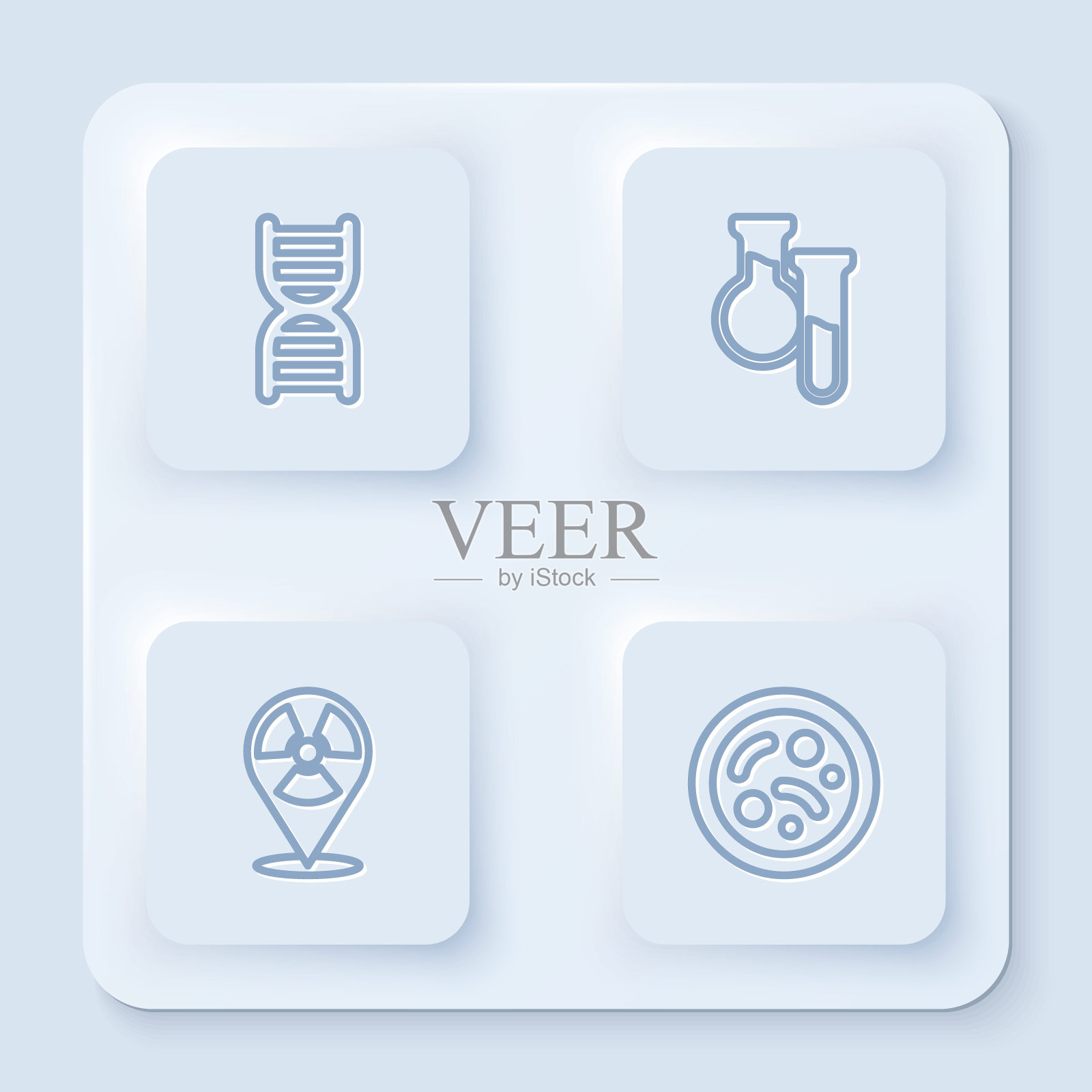 设置线DNA符号，试管和烧瓶，放射性位置和细菌。白色方形按钮。向量插画图片素材