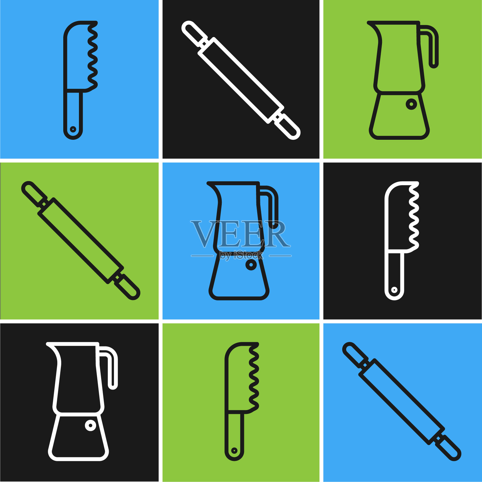 面包刀，摩卡锅，擀面杖图标。向量插画图片素材