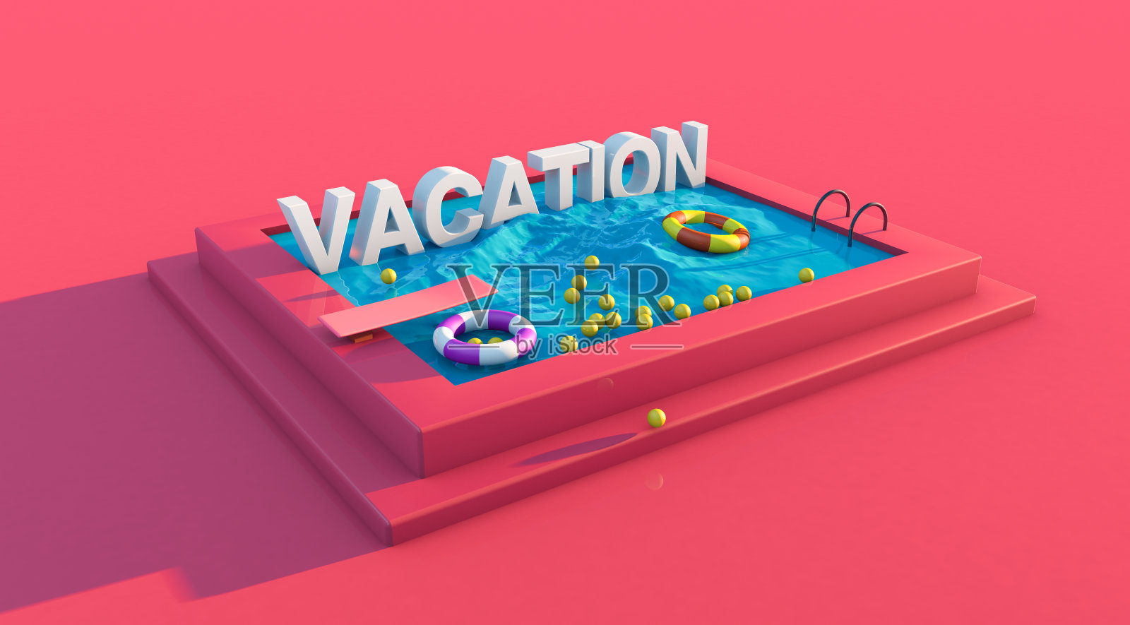 粉色游泳池卡通风格与度假文字照片摄影图片