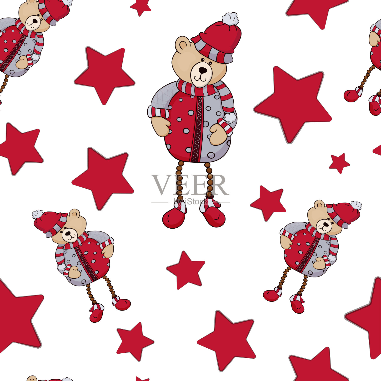无缝模式与圣诞泰迪熊和红星在白色背景。圣诞节包装和婴儿面料的完美背景设计元素图片