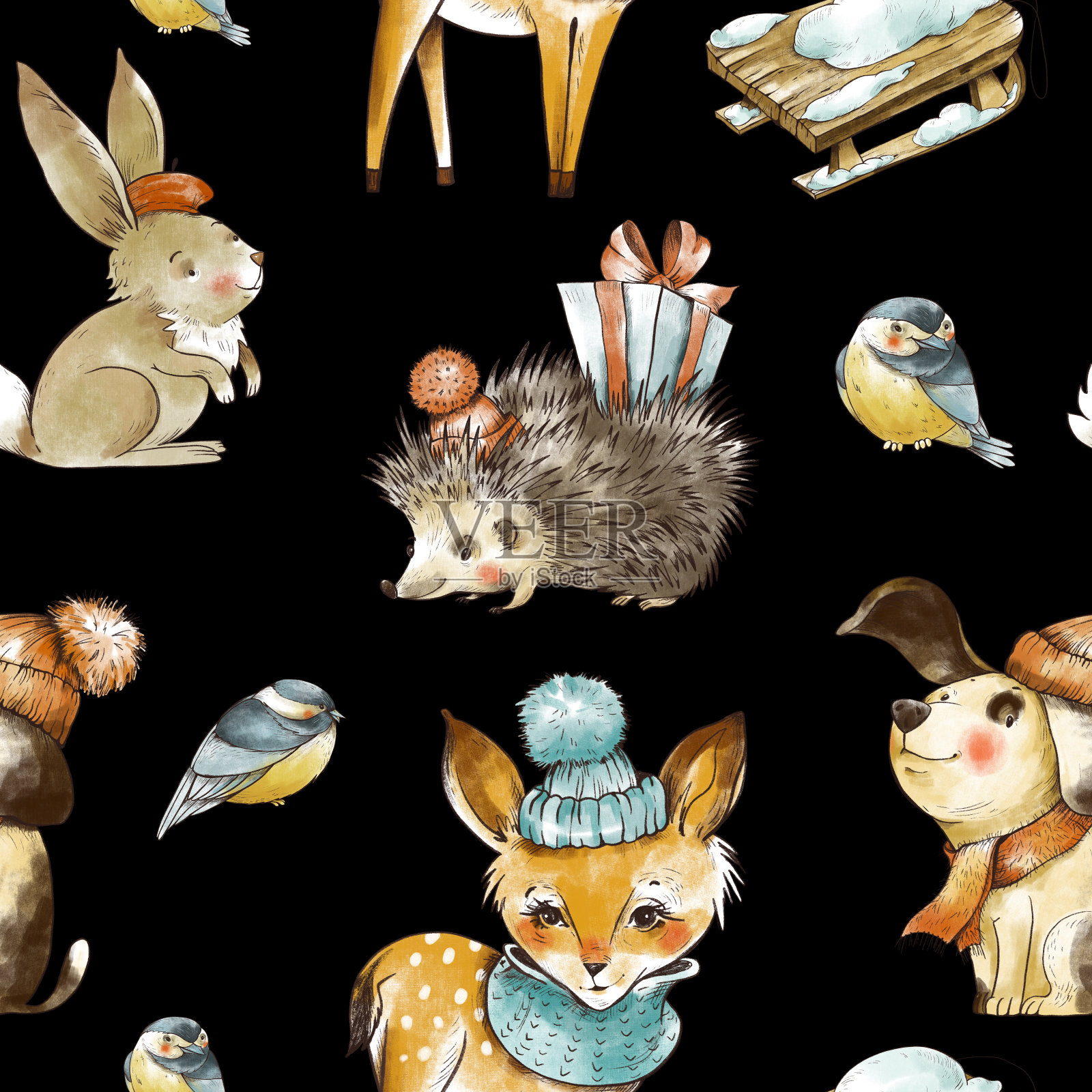 复古圣诞小动物无缝图案。林地童话。可爱的狗，雪人，小鹿，小刺猬插画图片素材