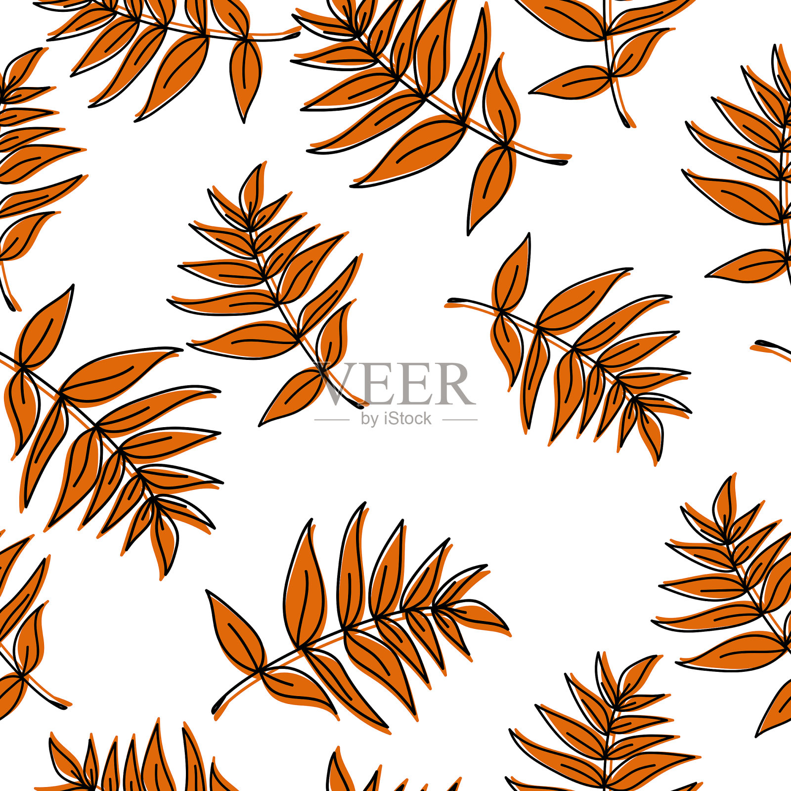 无缝模式与植物元素，一个橙色的枝花梨花叶在白色的背景，彩色的秋叶与黑色的轮廓向量插画图片素材