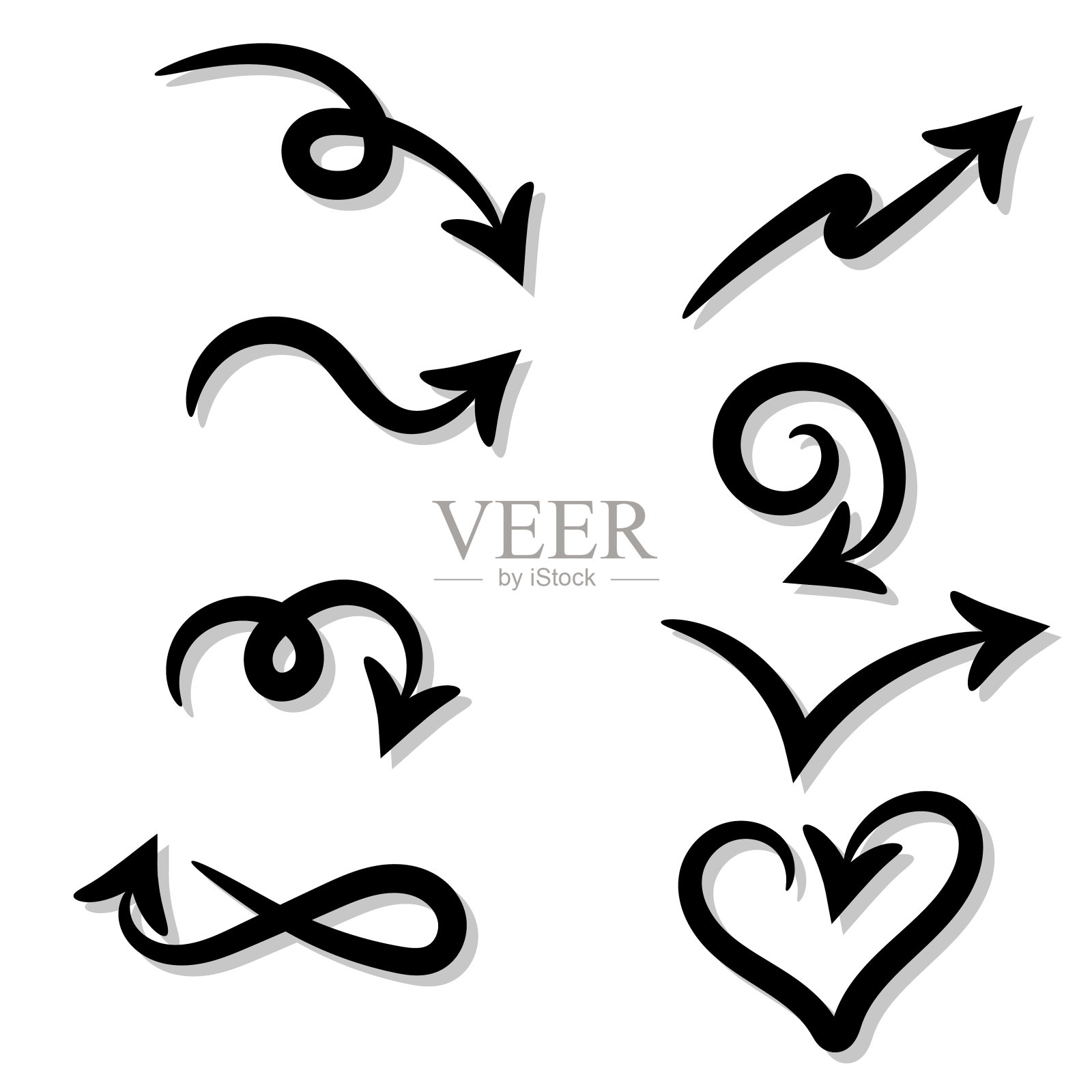 涂鸦箭头细线设置。矢量手绘箭头元素孤立在白色。设计元素图片