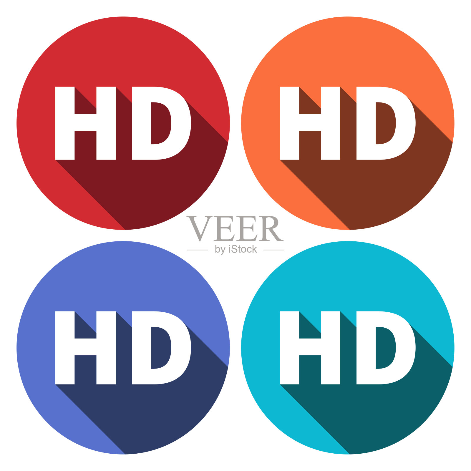 设置4个独立的平面彩色按钮高清标志与长阴影插画图片素材