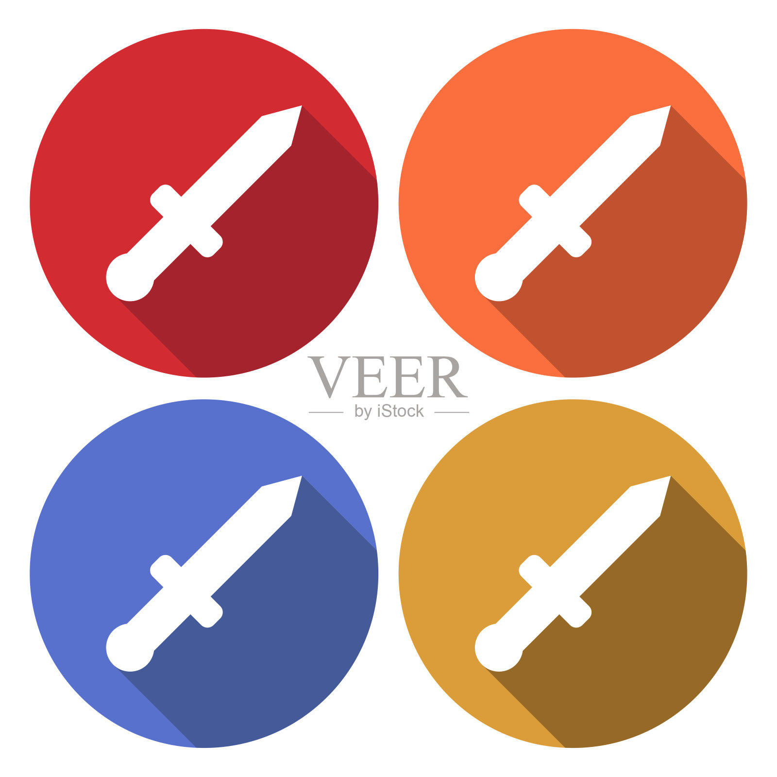 白色刀图标孤立与长影子。军刀。颜色圆按钮。矢量图插画图片素材