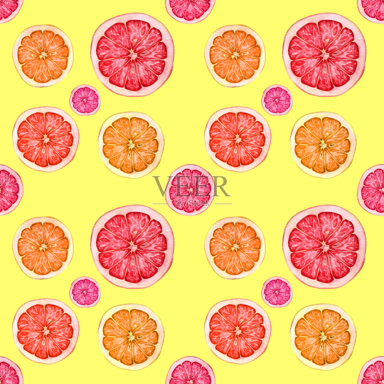 无缝图案水彩手绘切片红柚子，橙子，柠檬，柑橘在黄色的背景插画图片素材