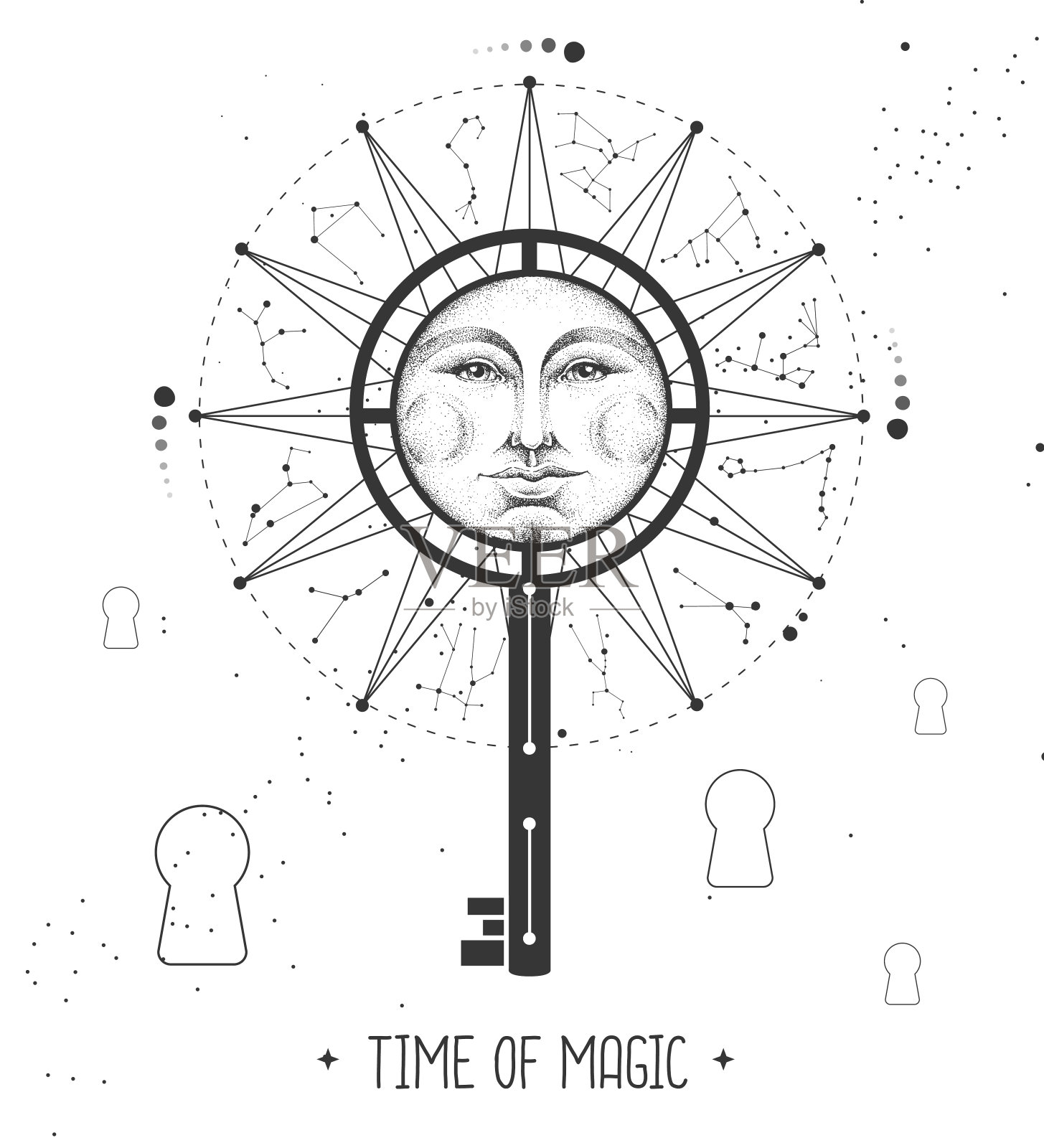 现代魔法巫术占星轮与星座的空间背景。神奇的钥匙轮廓。星座矢量图插画图片素材