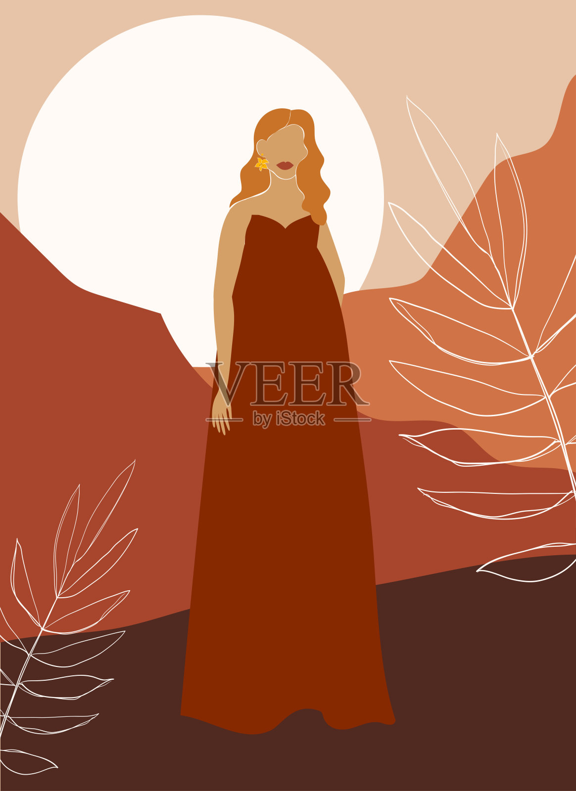 极简主义背景下的抽象女性。穿着晚礼服的年轻女孩。一个男人的全身形象。现代风格。插画图片素材