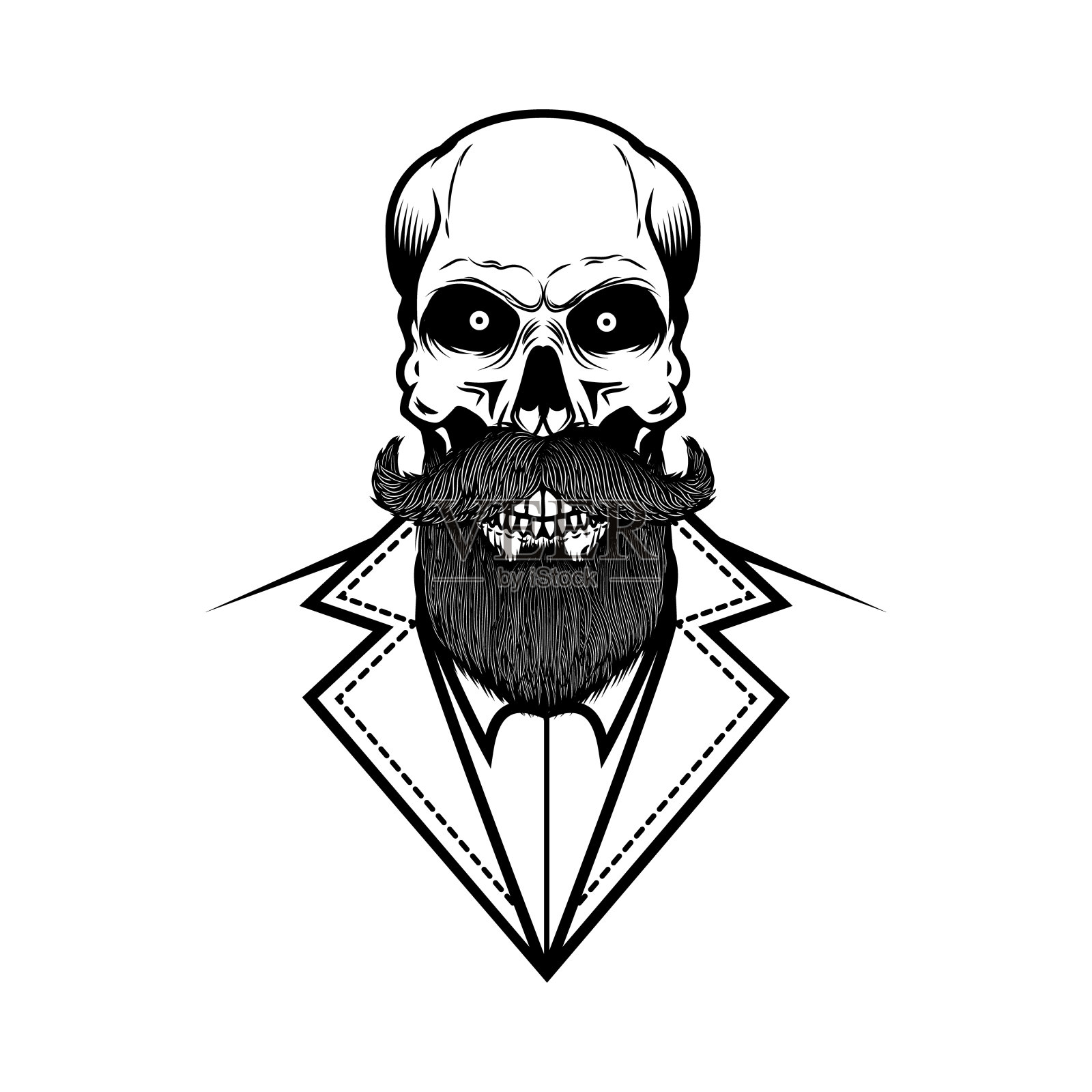 复古单色风格的大胡子潮人头骨插图。徽章、标志、海报、卡片、横幅的设计元素。矢量图插画图片素材