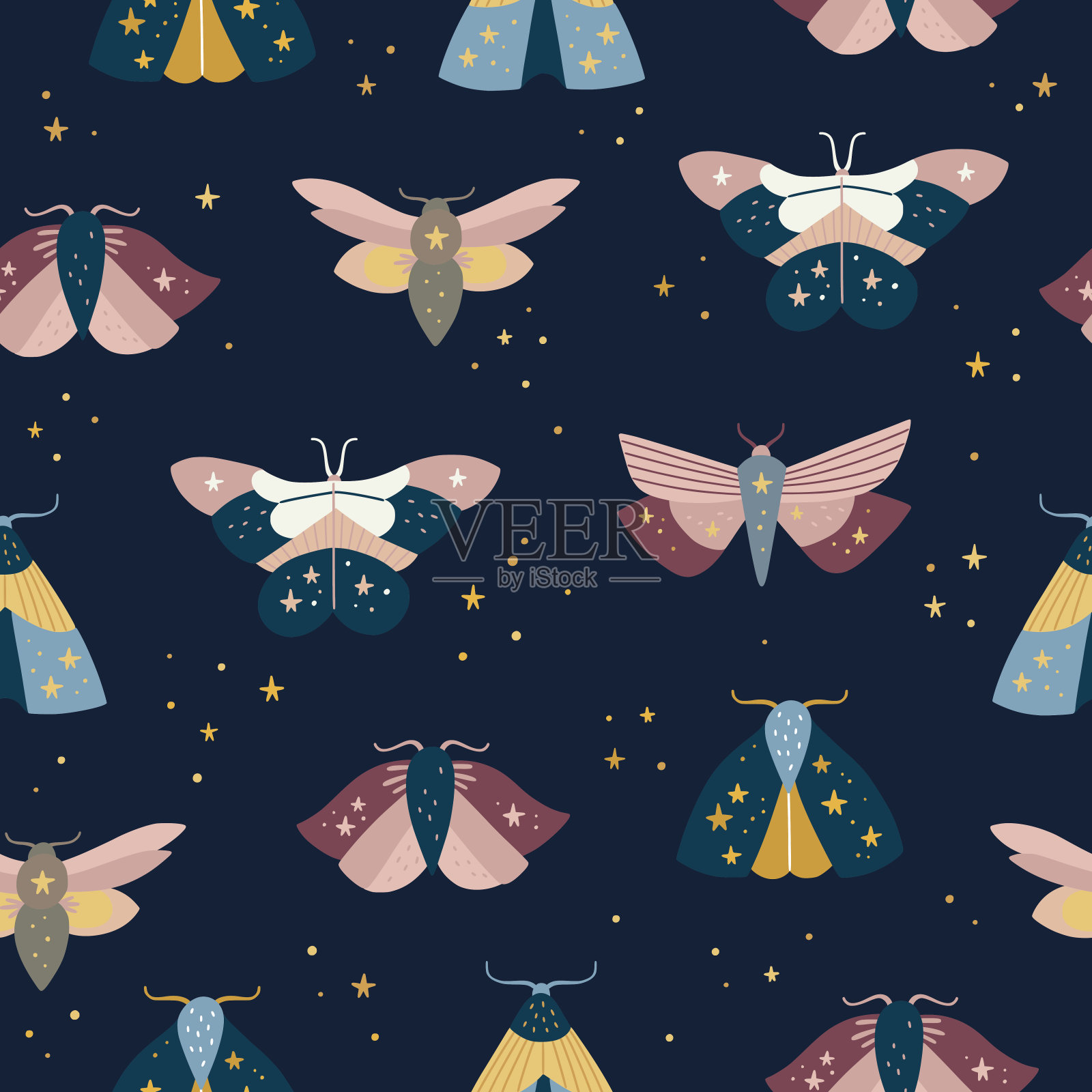 蛾无缝模式。矢量背景与飞蛾和蝴蝶。放荡不羁的向量的背景插画图片素材