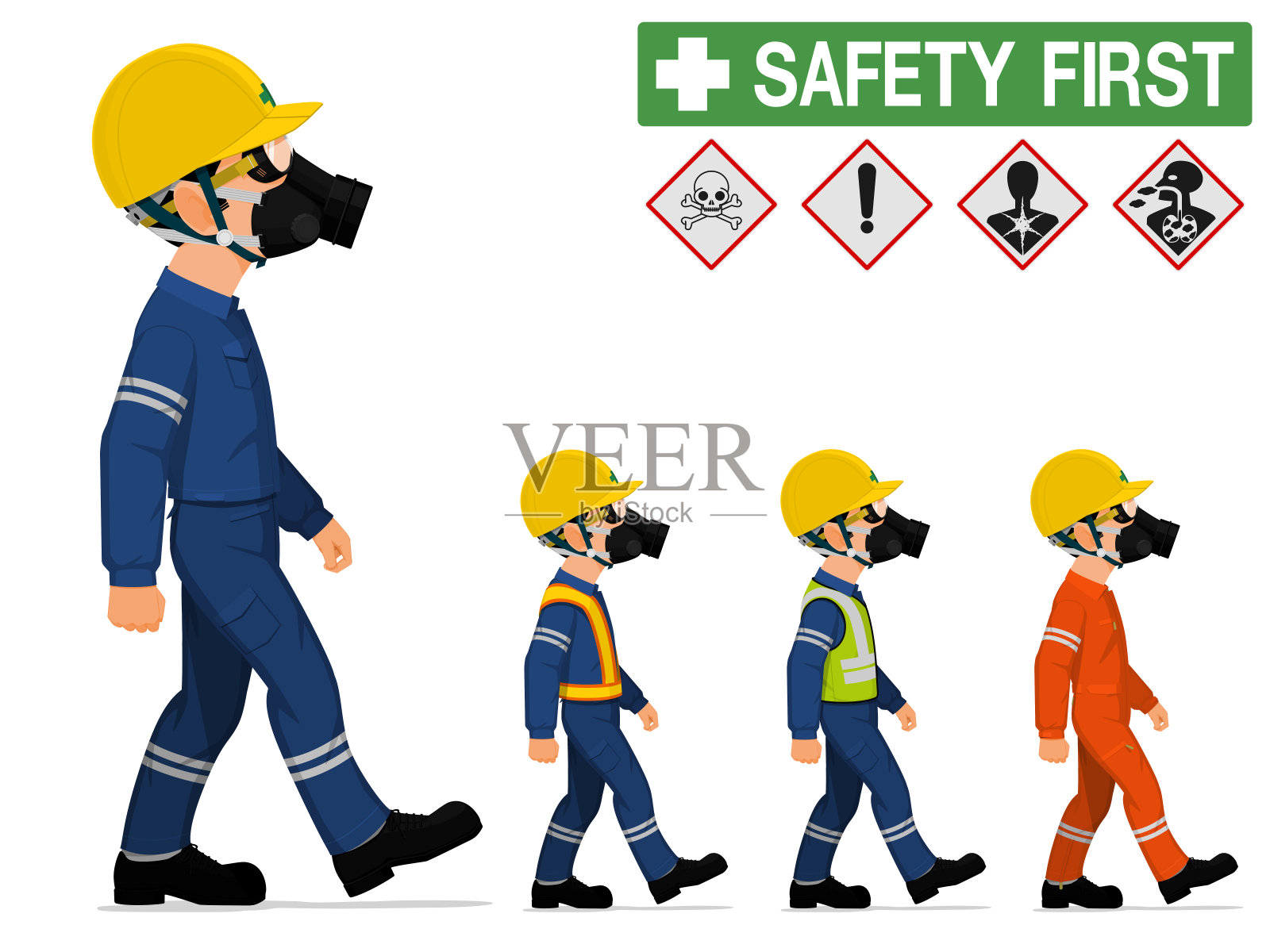 一个带着呼吸器的产业工人正在行走插画图片素材