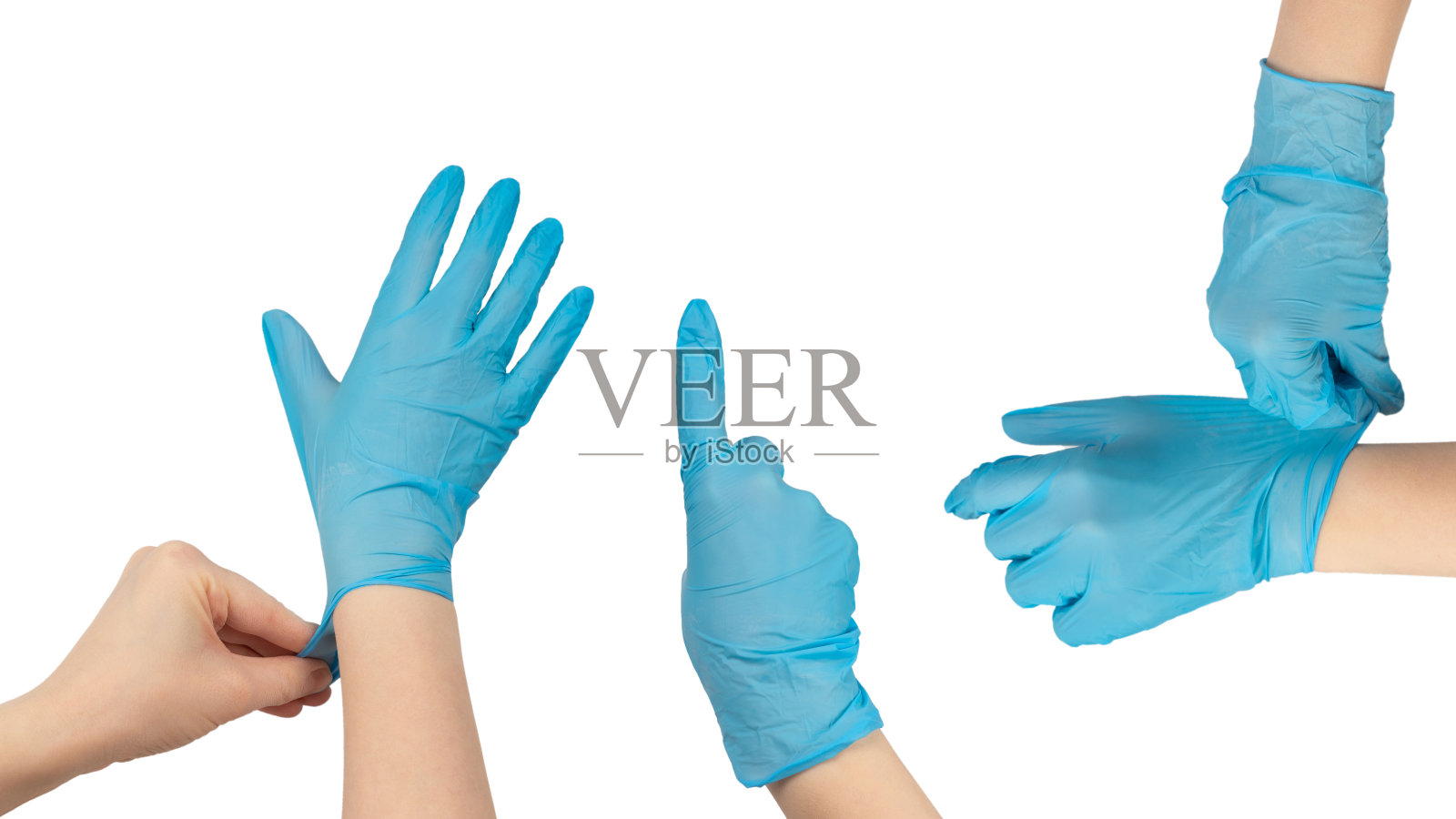 女人戴上蓝色橡胶手套。照片摄影图片