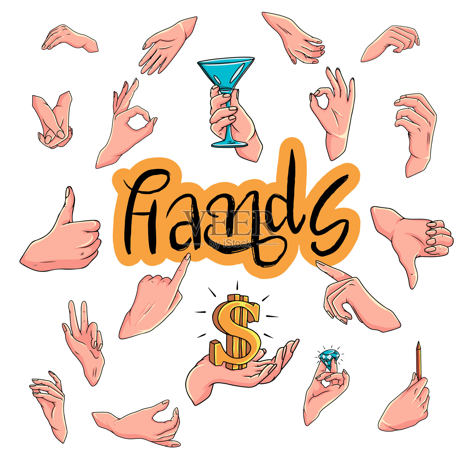 矢量手画在卡通风格不同的手势插画图片素材