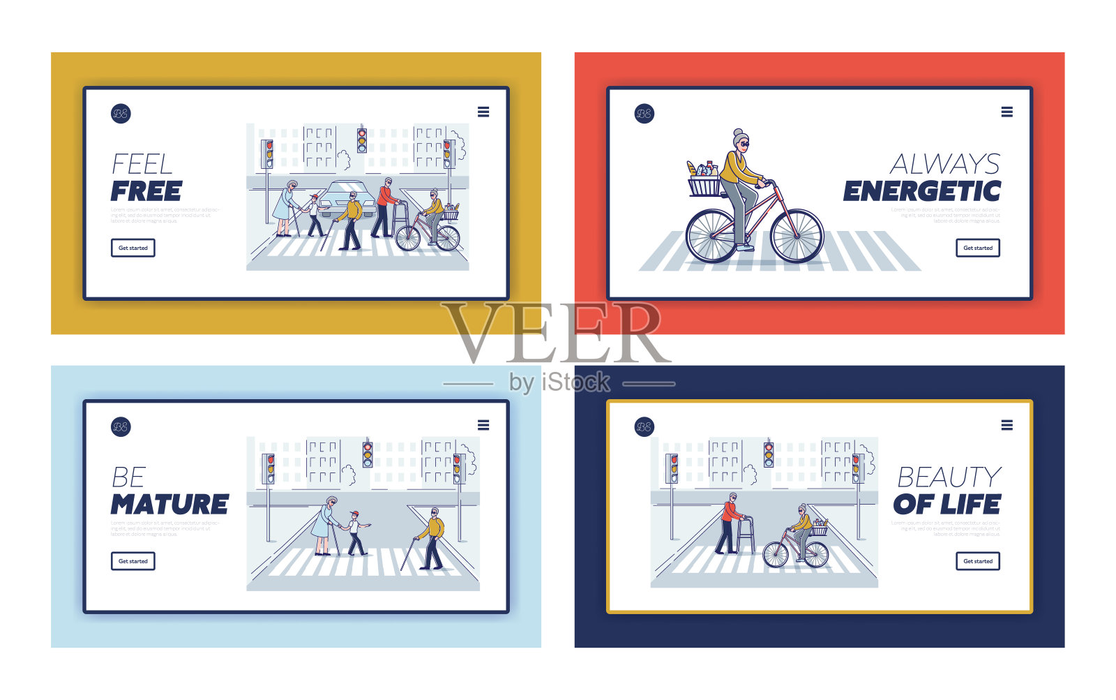 老年人生活方式集模板登陆页面与老年男性和女性行走插画图片素材