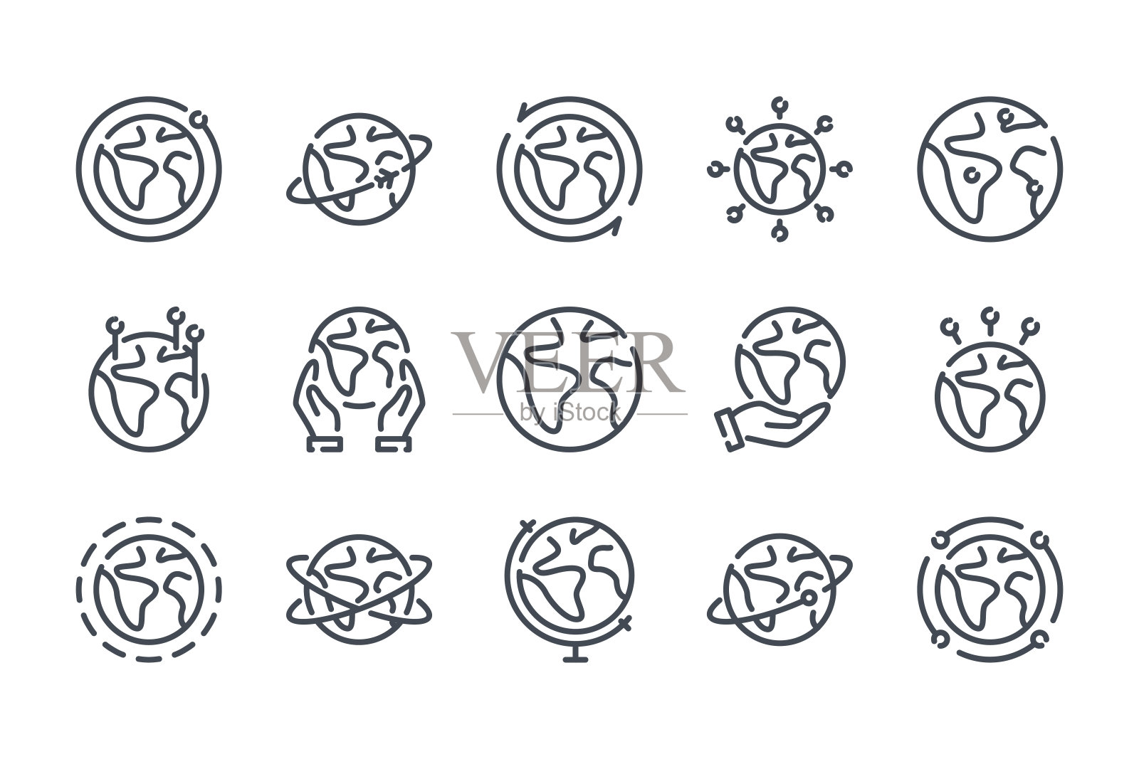 地球仪相关的线图标集。世界线性矢量插图收藏。地球轮廓图标。图标素材