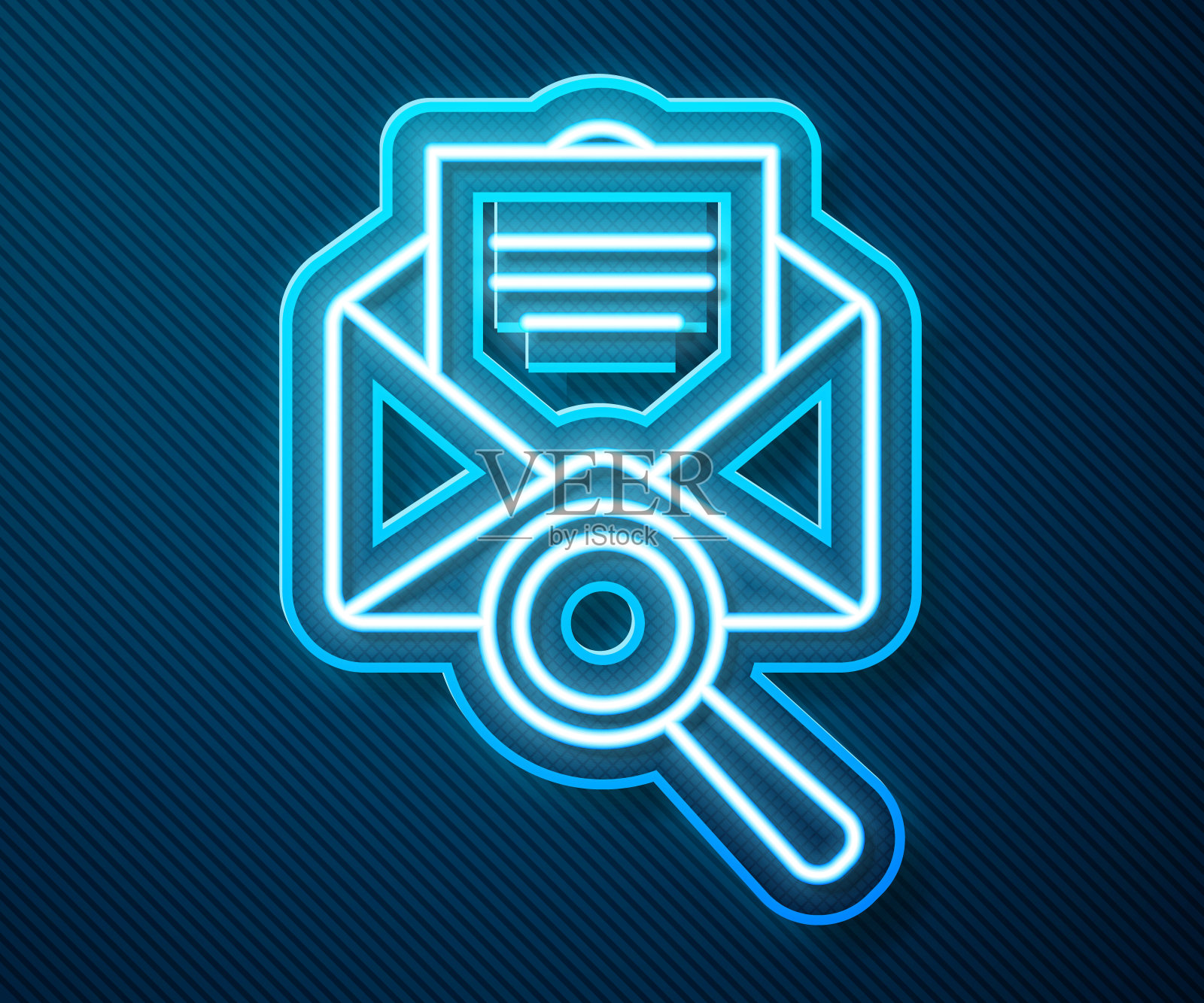 发光的霓虹灯线信封邮件与放大镜图标隔离在蓝色背景。矢量图图标素材