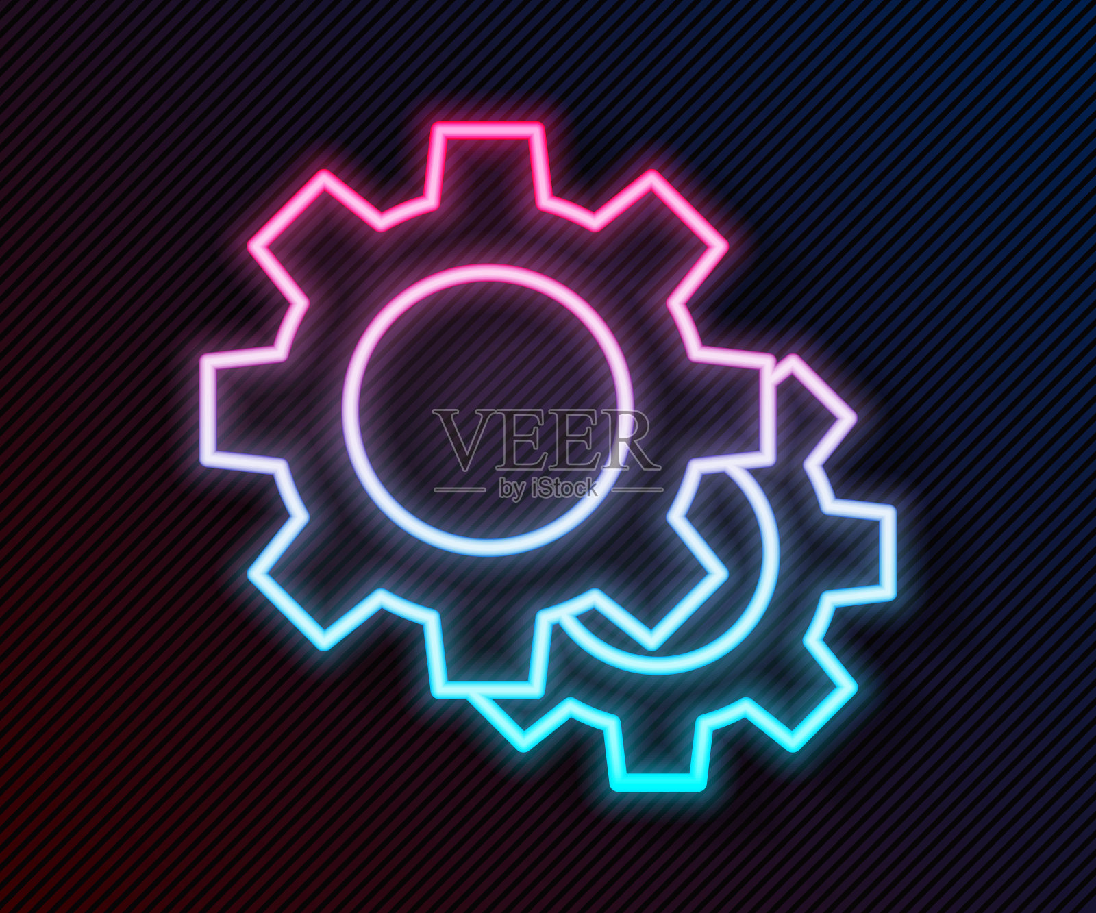 发光的霓虹灯线齿轮图标孤立在黑色背景。齿轮齿轮设置标志。齿轮的象征。矢量图插画图片素材