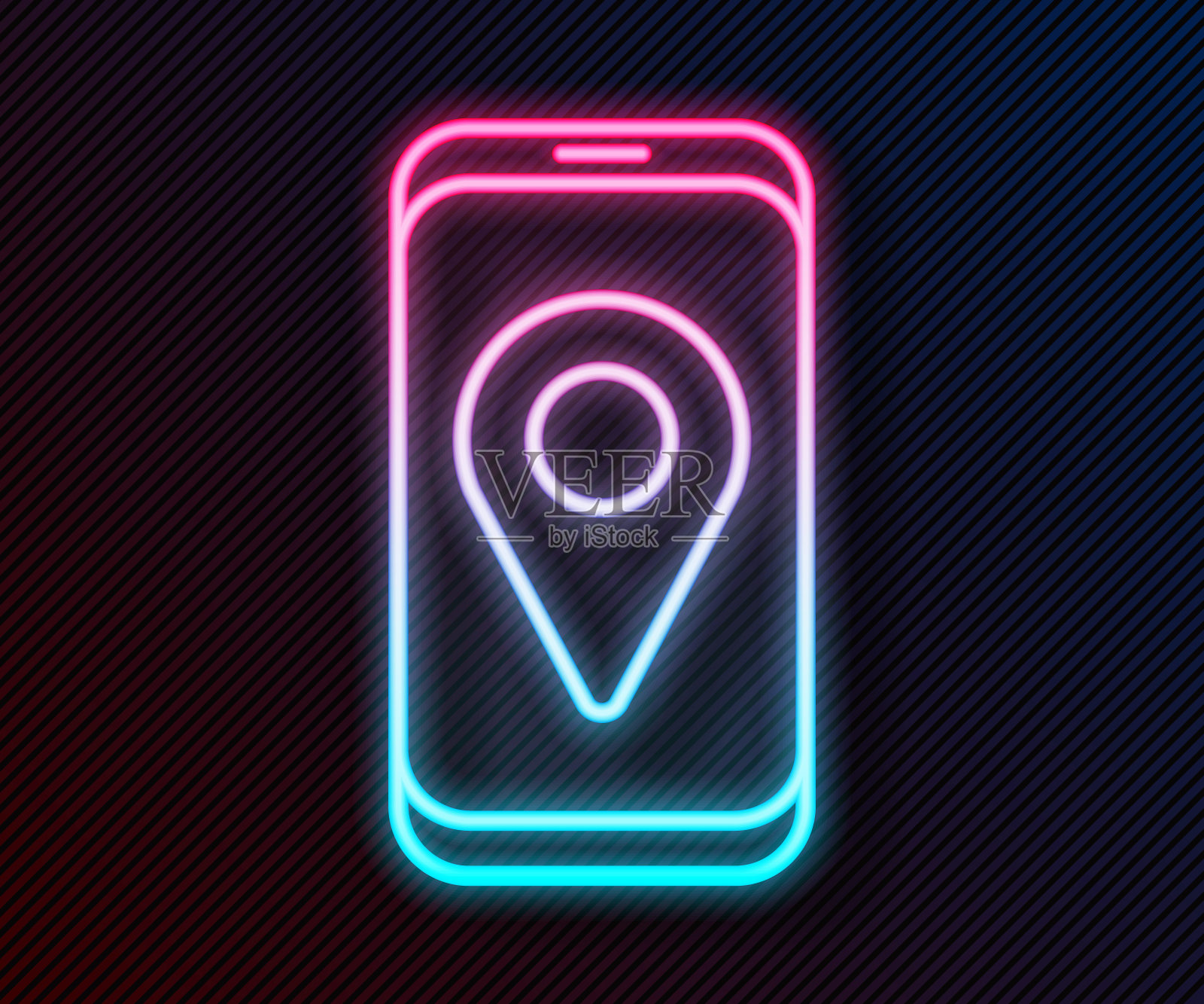 发光的霓虹灯线信息图的城市地图导航图标孤立在黑色的背景。手机应用界面概念设计。Geolacation概念。矢量图插画图片素材