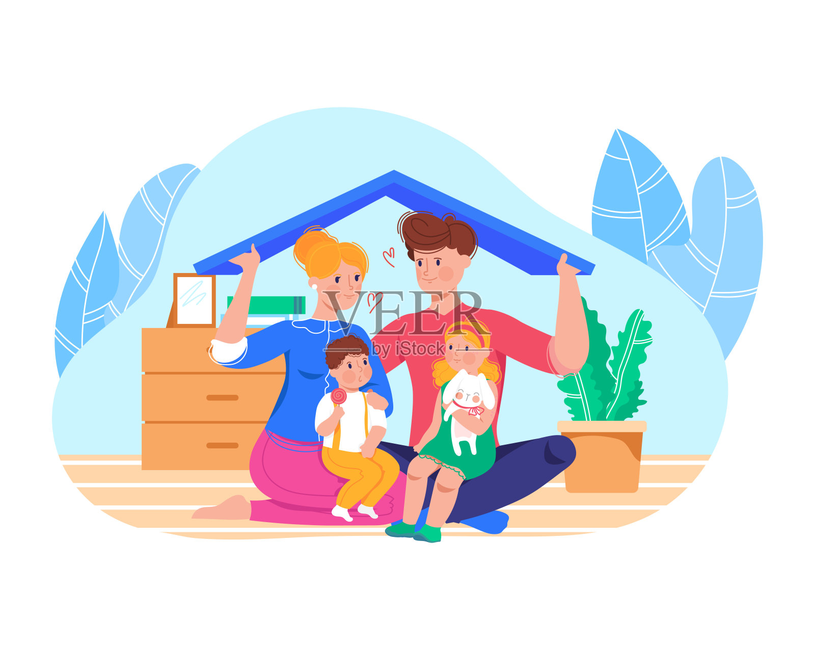 Ð每日一家人陪孩子玩耍，快乐的爸爸妈妈在房间里陪孩子，卡通矢量插图，孤立在白色上。插画图片素材