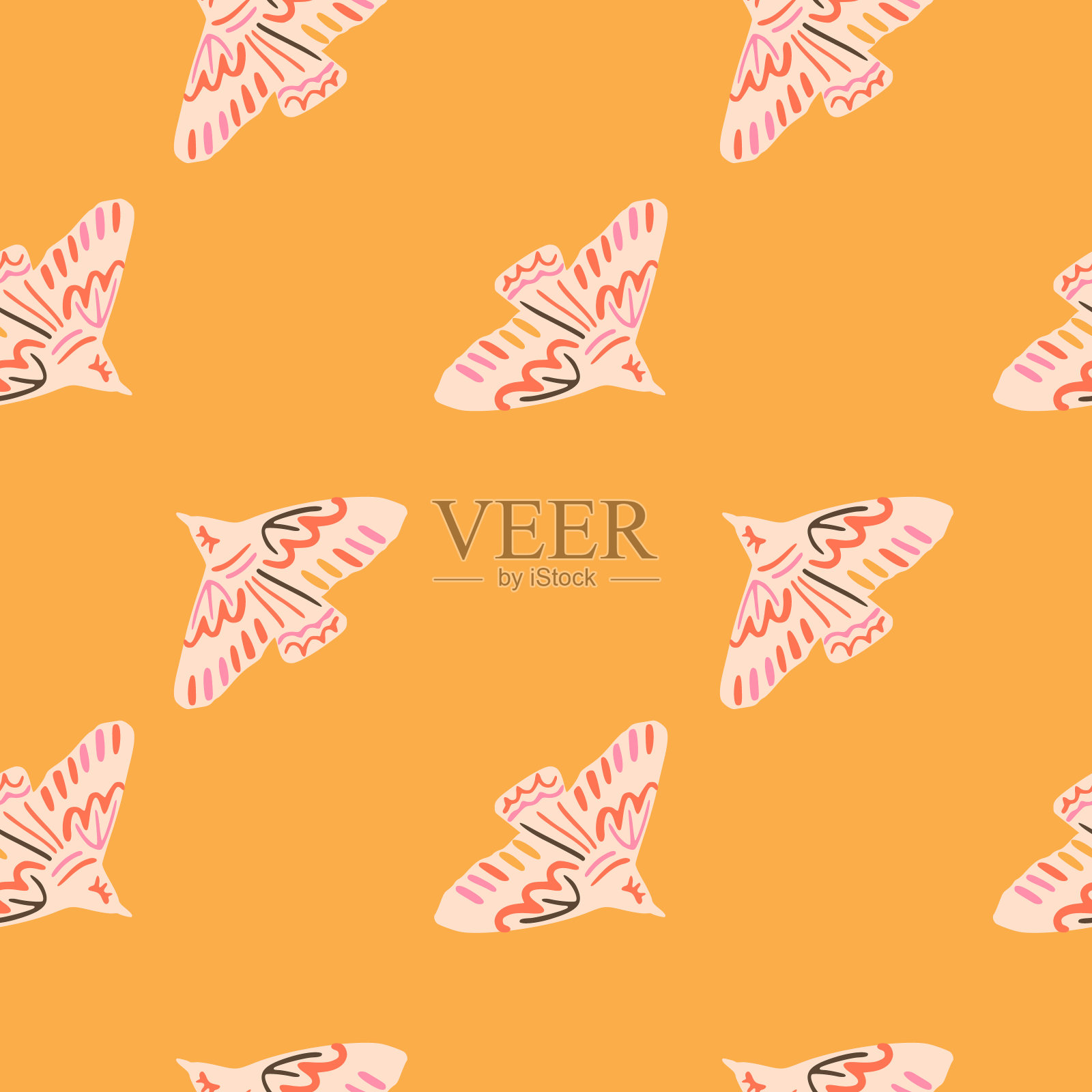 简约的粉色鸟轮廓无缝图案。手绘动物装饰在橙色的背景。插画图片素材