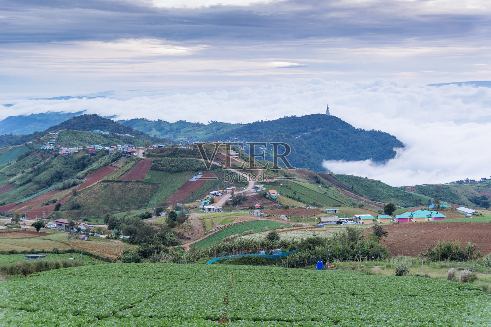雾气蒙蒙的早晨风景，自然景观，日出和薄雾的山景，在Phu Thap Boek，泰国，Phetchaboon泰国照片摄影图片