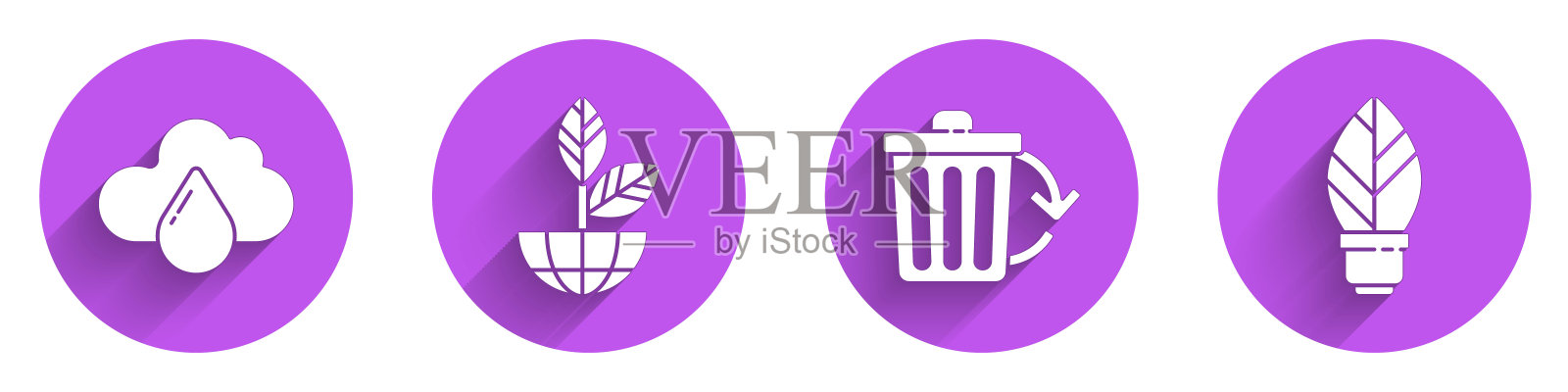 设置云与雨，地球和植物，回收站与回收和灯泡与叶子图标长阴影。向量图标素材