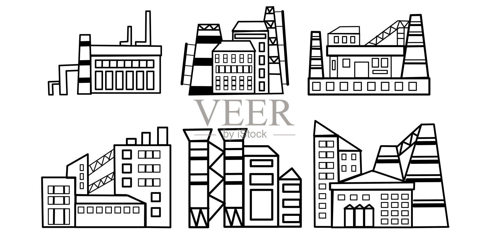 工厂图标集。在白色背景上孤立的流水线风格的工业工厂。工业建筑的概念。工业园区。有烟囱、管道和水箱的发电厂。插画图片素材