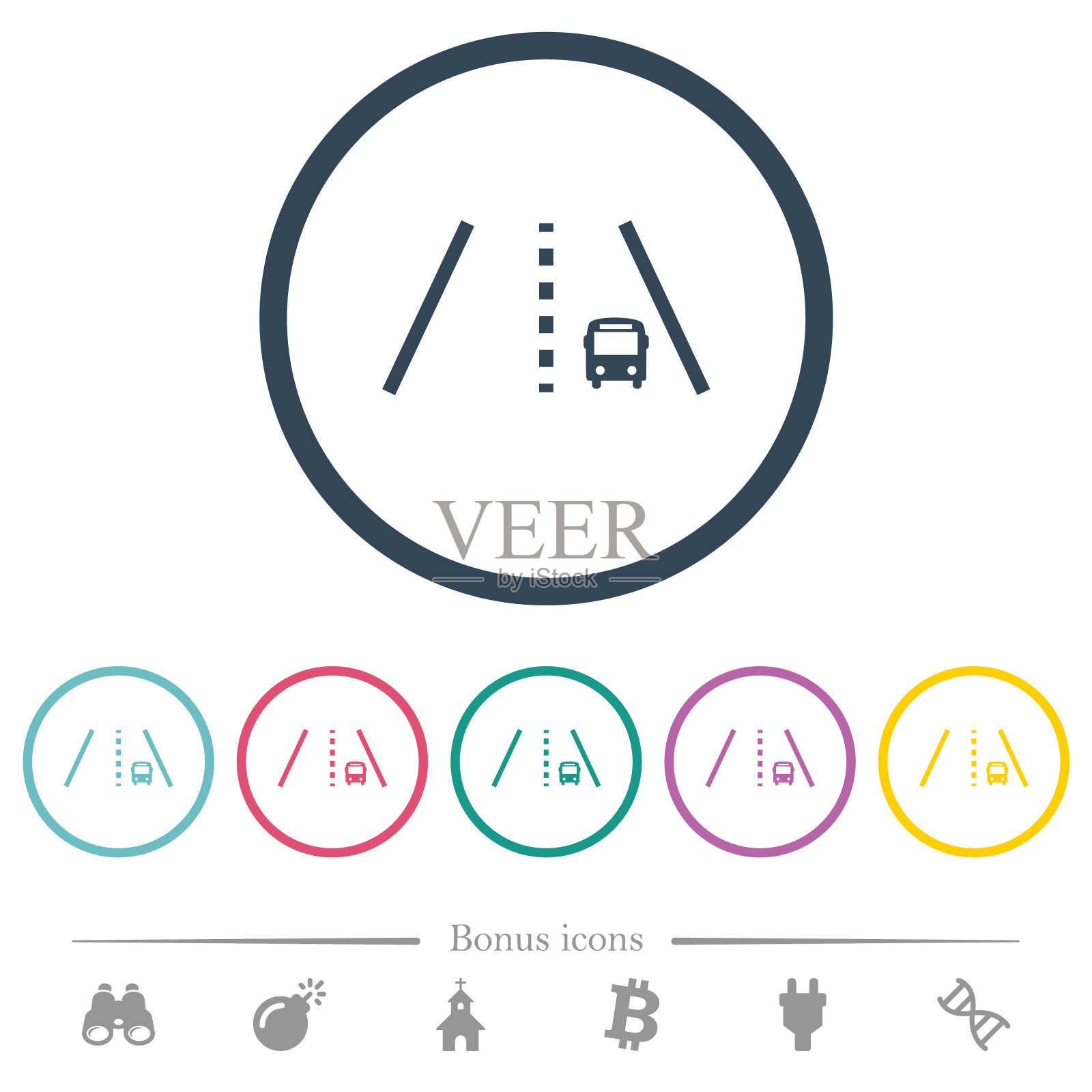 公共汽车车道平面颜色图标在圆形轮廓图标素材