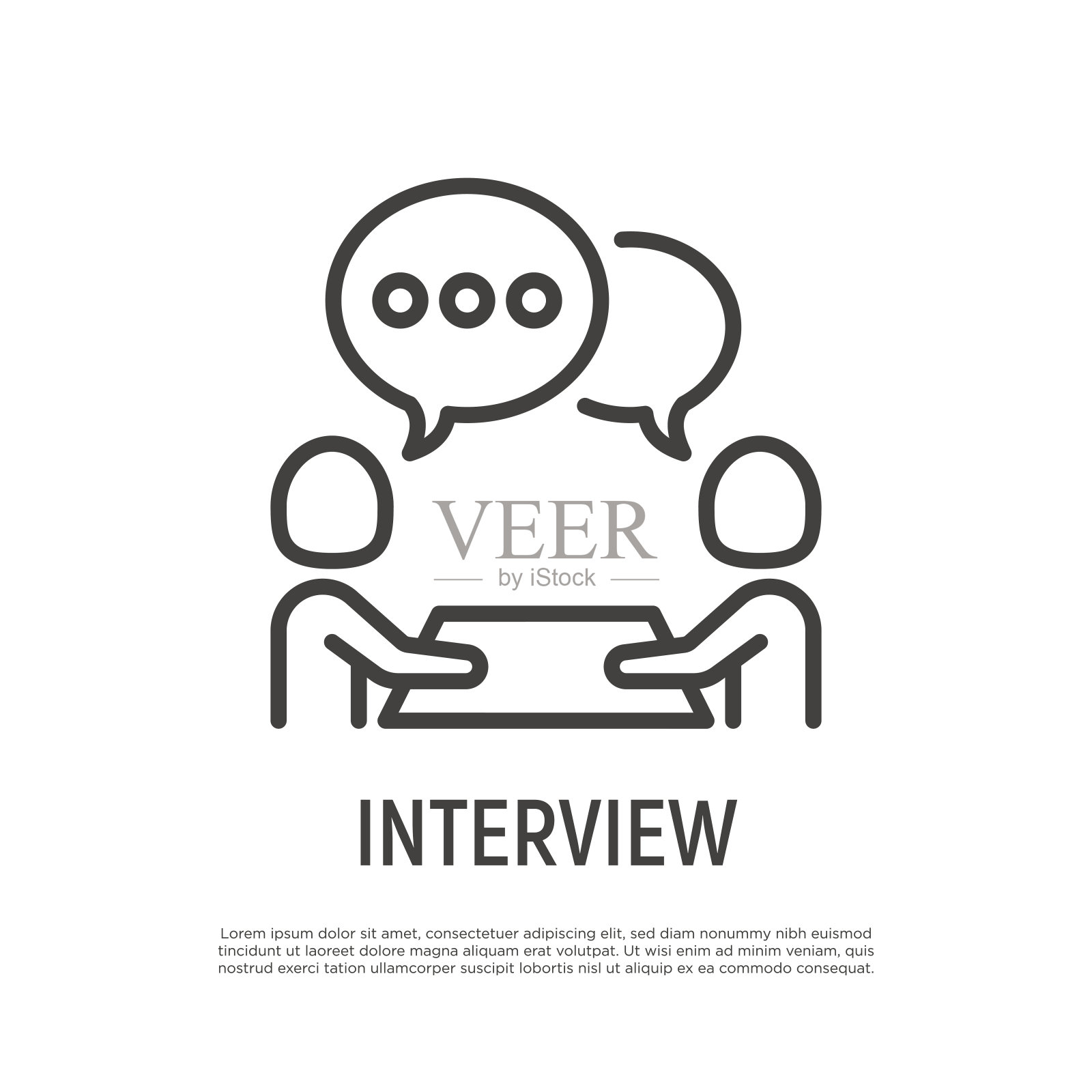 采访细线图标。两个人坐在桌子旁聊天。商务会议、招聘。矢量插图。插画图片素材