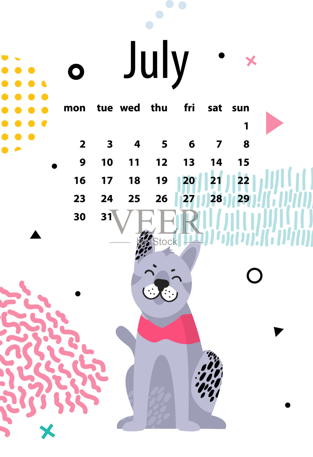 2018年7月日历与友好的雪橇犬设计模板素材