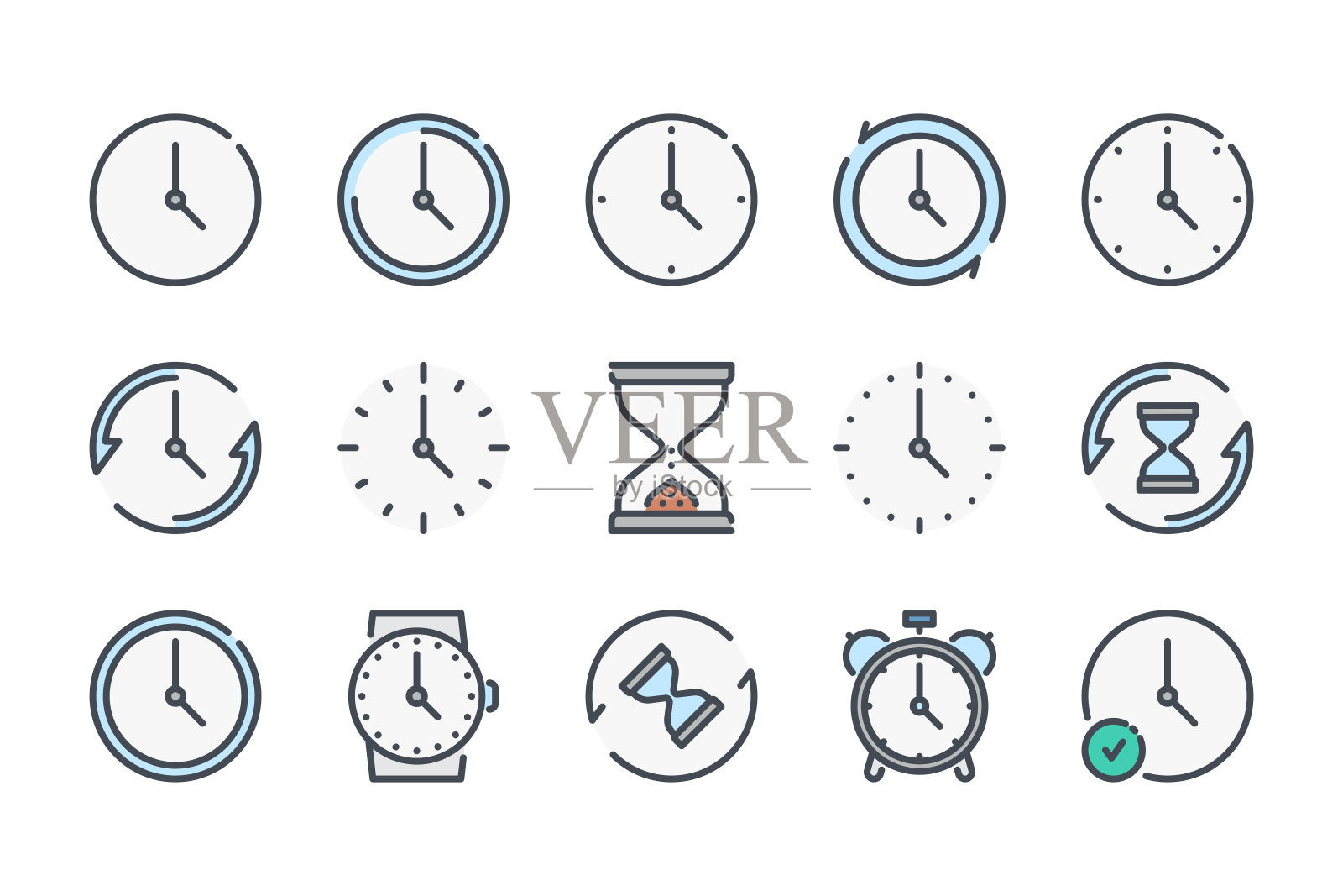时间和时钟颜色线图标。手表和时间测量向量线性图标设置。图标素材