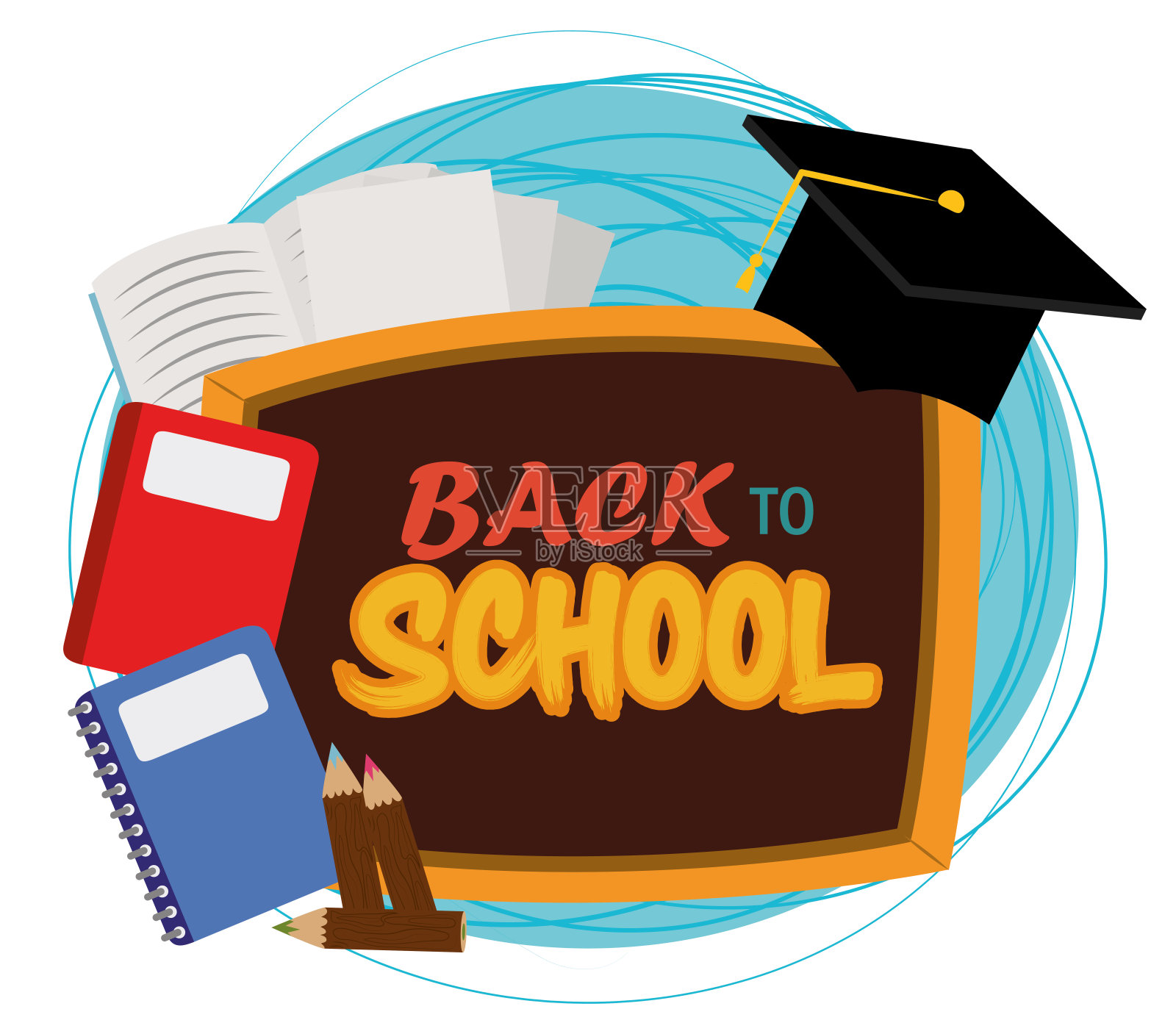 回到学校，黑板毕业帽铅笔书初等教育插画图片素材