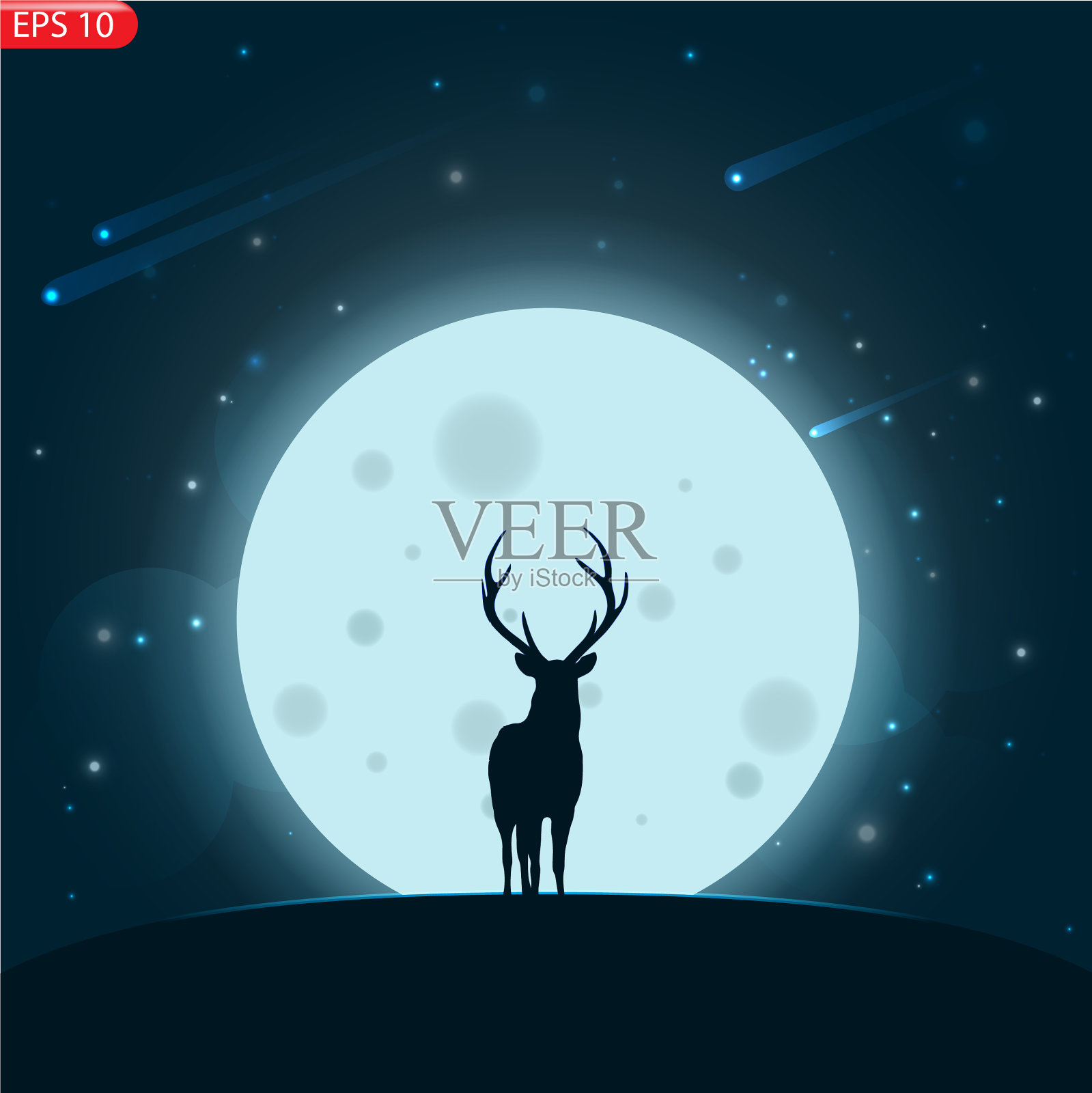 在月光和星星下勾勒出一只鹿的轮廓插画图片素材