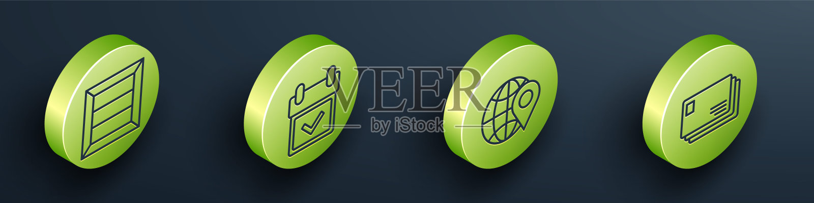 设置等距木盒子，日历与复选标记，位置上的地球仪和信封图标。向量图标素材