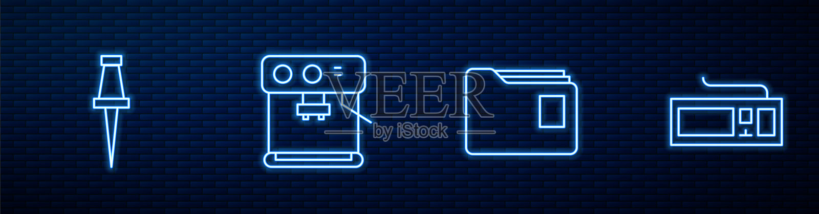 设置行文件文件夹，推针，咖啡机和键盘。砖墙上发光的霓虹灯图标。向量插画图片素材